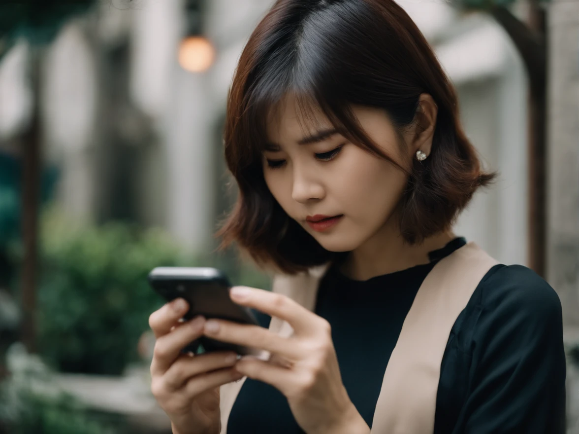 japanes in her 20s femele Holding a smartphone Bob Hair soio daytime