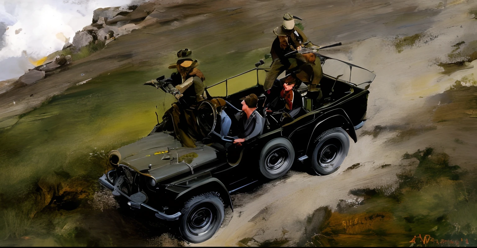 there are two men riding in a jeep with guns on the back, vehicle illustration, whole page illustration, official illustration, dieselpunk setting, concept art for a video game, dieselpunk, in style of dieselpunk, inspired by Wojciech Siudmak, by Adam Marczyński, by Tadeusz Pruszkówski