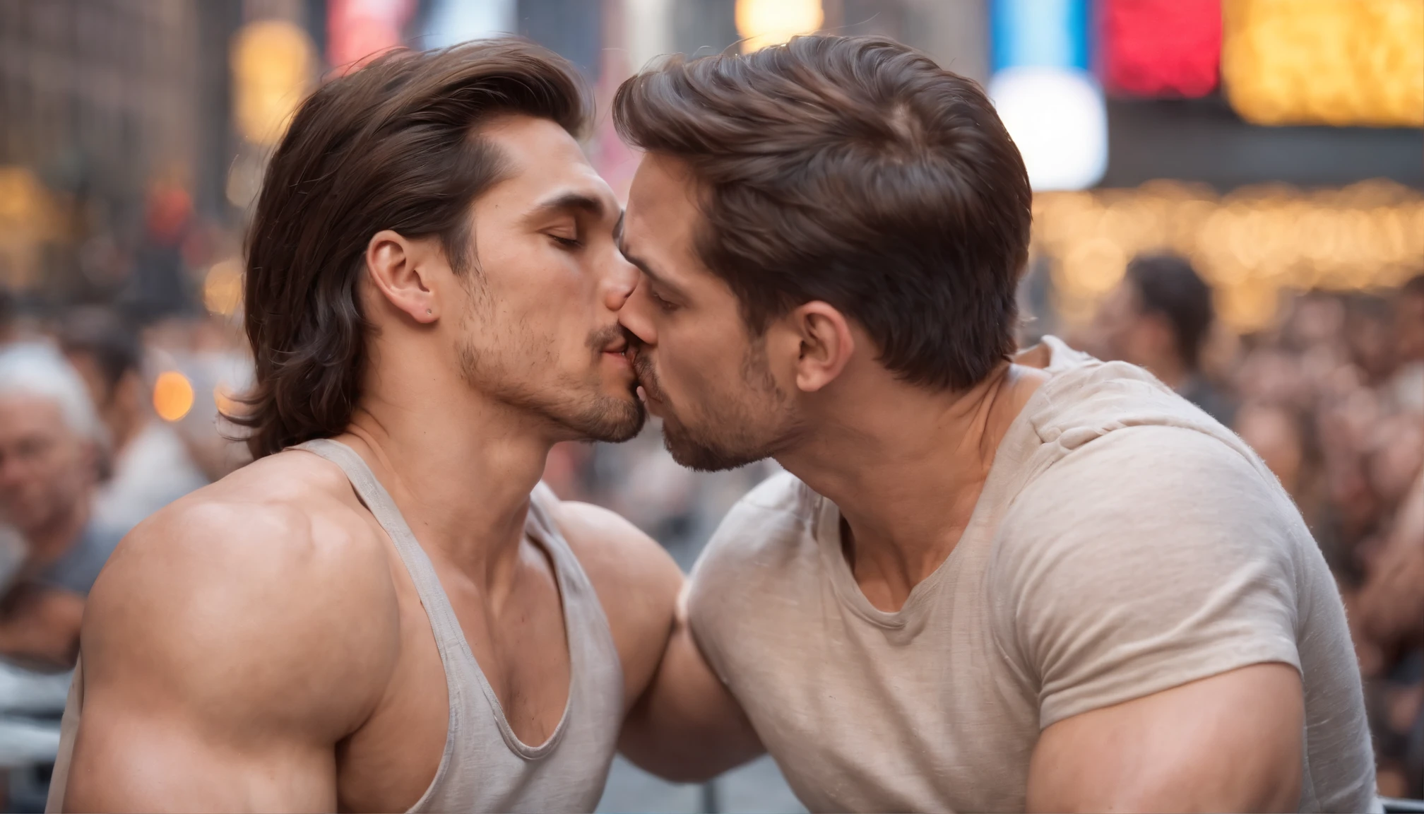 photo of stunning two handsome muscular Thai men kissing sitting outdoors at a New York cafe in Times Square, New York, no female, honey eyes, short messy windy dark brown hair, flipping hair, closeup zoomed in tight crop portrait, people watching, top-view (New York cafe in Times Square, New York:1.2) (day time:1.2) wearing a (linen shorts and no shirt:1.3) (Lighting-the golden hour:1.2) foreground objects background details (masterpiece:1.2) (photorealistic:1.2) (bokeh:1.2) (best quality) (color grading) (detailed skin:1.3) (no shirt:1.3) (intricate) (8k) (HDR) (cinematic lighting:1.3) (sharp focus) (fix fingers), messy windy hair, Location Times Square, New York