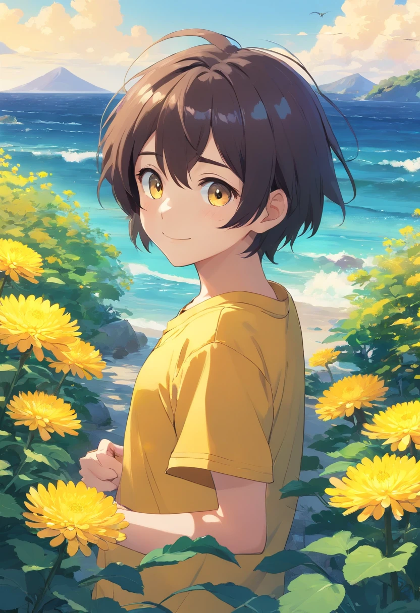 Boy Anime Cute Shy, Big eyes, Smile,  17 age, Yellow chrysanthemum short sleeves, black bangs, Environments with the cloud, Bird, By the sea