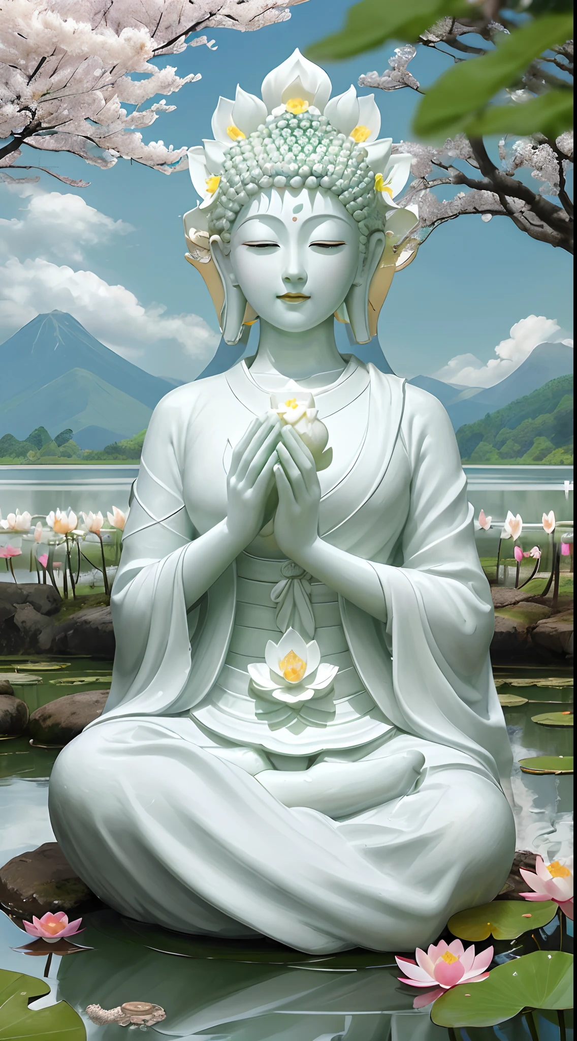 (masterpiece),(highest quality),(super detailed), (body:1.2), 1 Buddha, floating in a powerful zen state, with lotus flowers, white skin, Amitayus, sitting on a lotus flower, (recite Buddha's name), clasping hands to recite Buddha's name, temple, Wearing clothes, white skin, round face, kind, kind, look, Mountain, wood, cherry blossoms, forest, bird, cloud, dew, outdoor, bright, Fresh, green, white skin, (beautiful detailed face), (close your eyes), (surrealism),