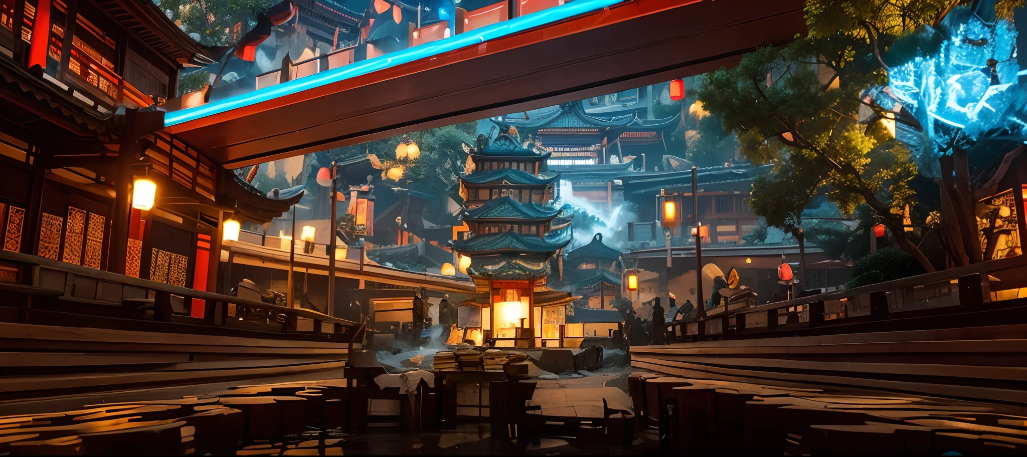 Cyberpunk and archaic combined,Use the architecture of the Tang Dynasty to form a prosperous era,Use cyberpunk lighting effects
