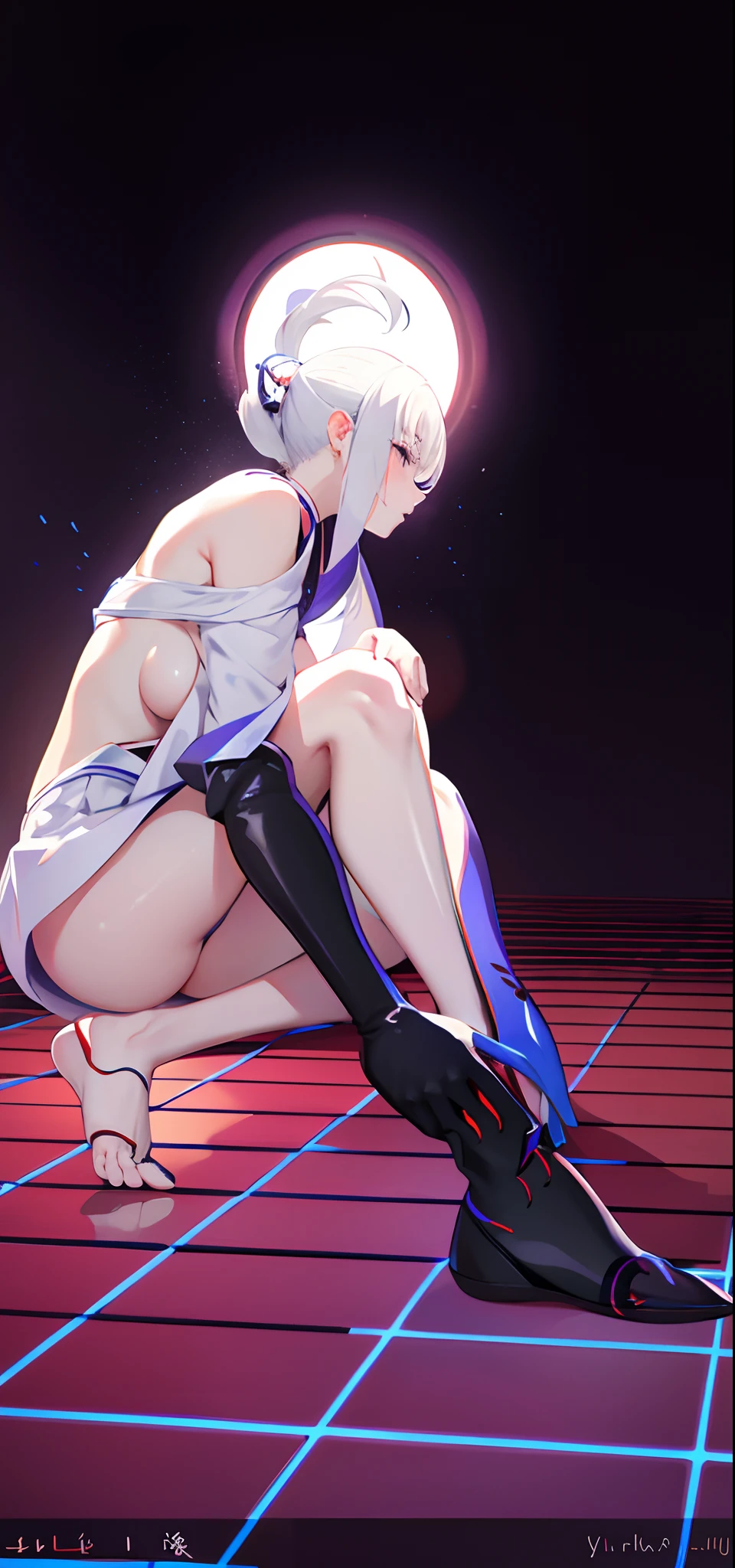 1girll, Japanese clothes, pony tails ,White hair, Purple eyes, Magical Circle, bluefire, blue flame, the wallpaper, landscape, Blood, blood spatter, Depth of field, Night, Light particles, Light rays, side-lighting, Thighs, fate \(Series\), Genshin Impact, ****, Open jacket, Skirt, upper legs, Cloud，The barefoot，Empty eyes，Red toenails