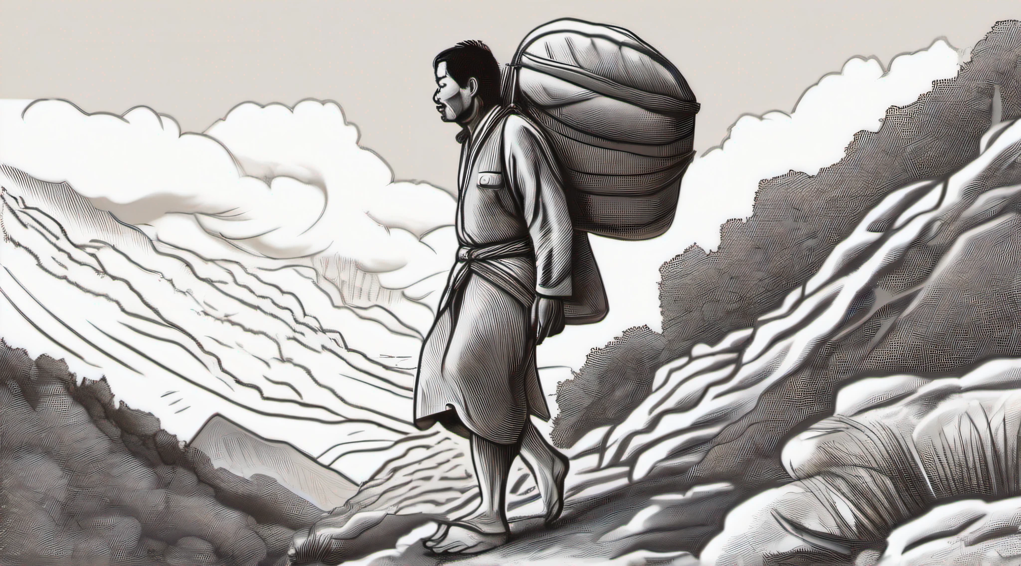 A Nepalese tamang porter who is climbing uphill carrying a heavy load and the swollen veins on his legs are clearly visible. picture from backside and focused on legs veins.