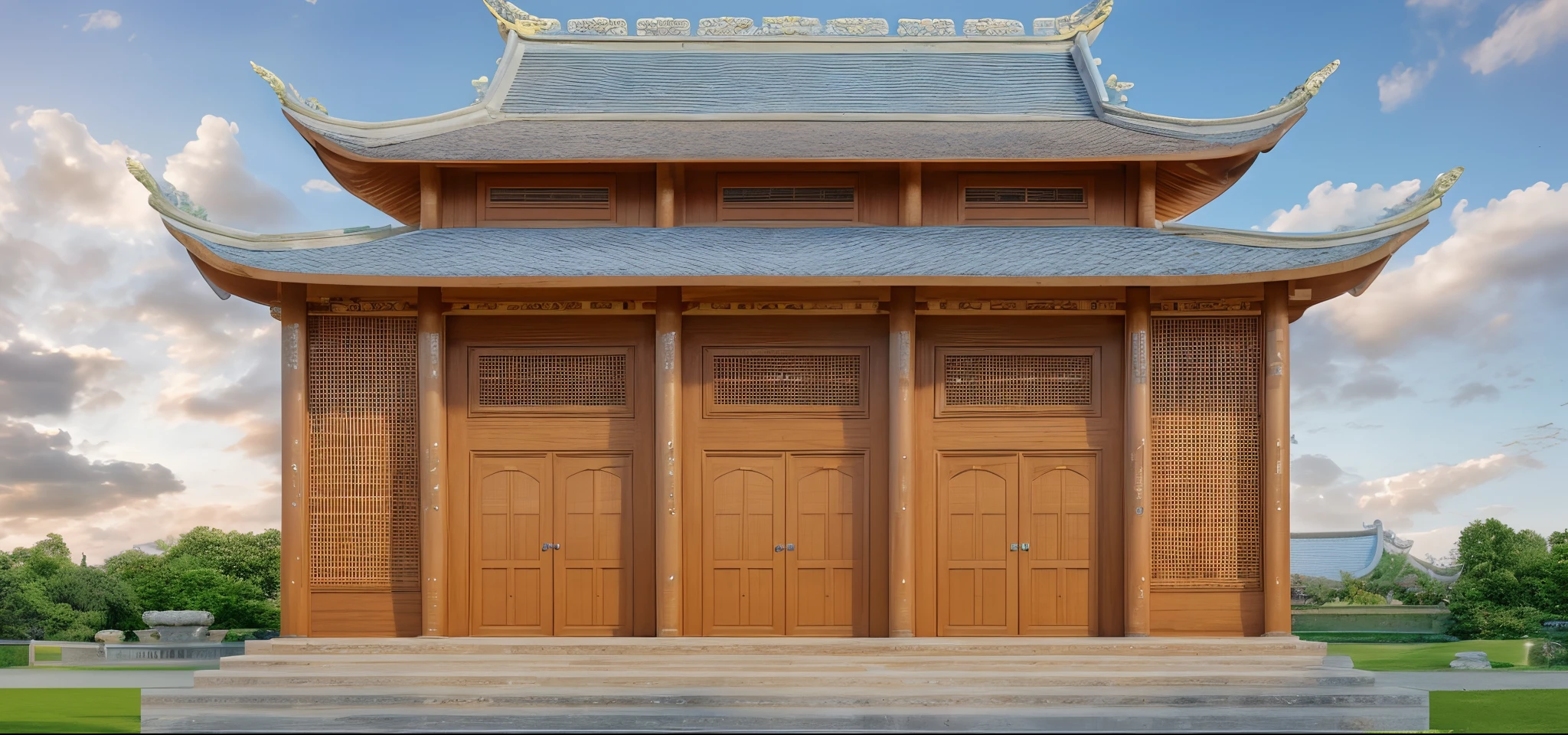 Pagoda architecture, lawn, daylight, blue sky, clouds, interior reflection, oak door, transparent glass,
ultra realistic, masterpiece, best quality, super detailed, ultra high res, raw photo, 8k,