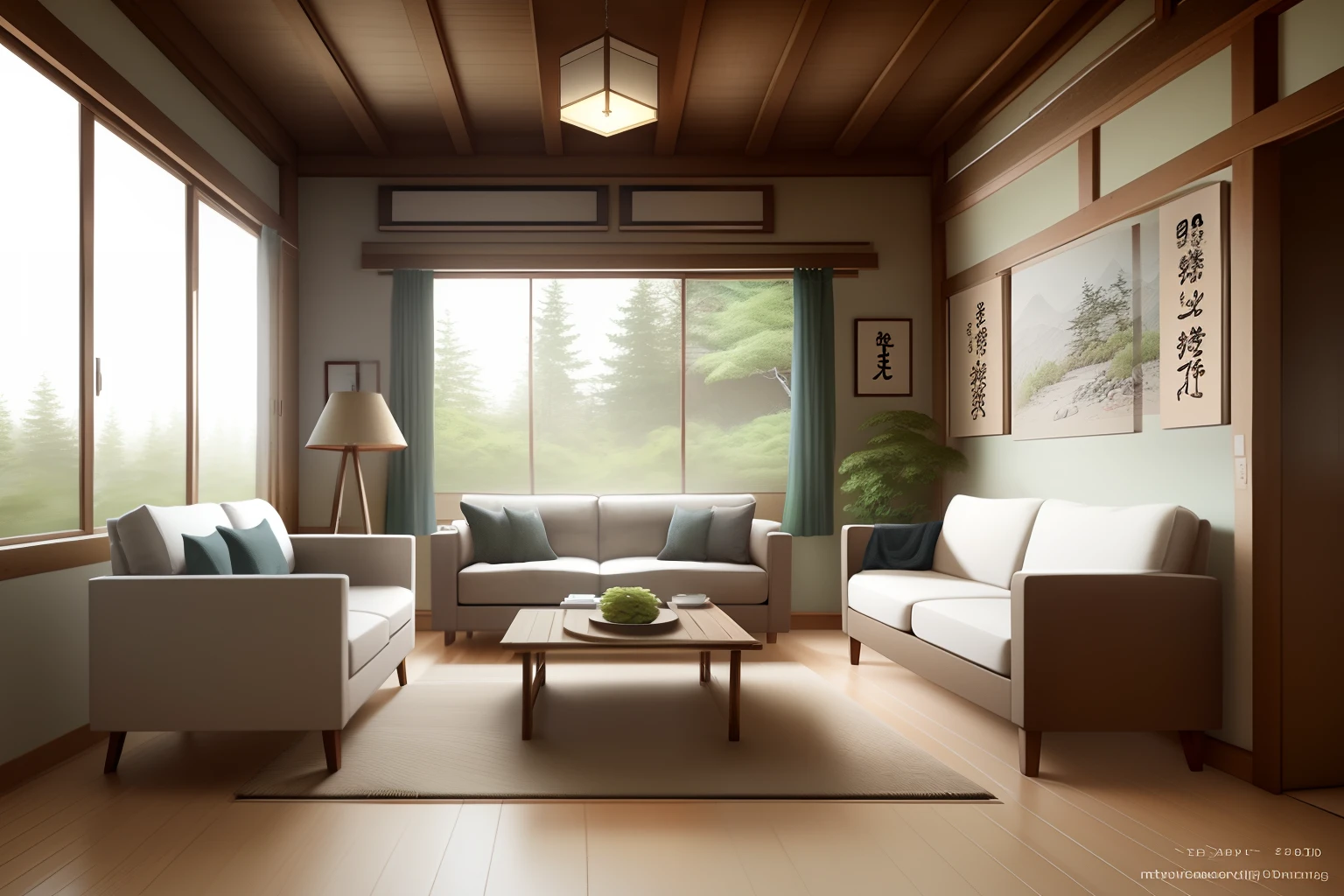 Draw a rendering of a wabi-sabi style living room
