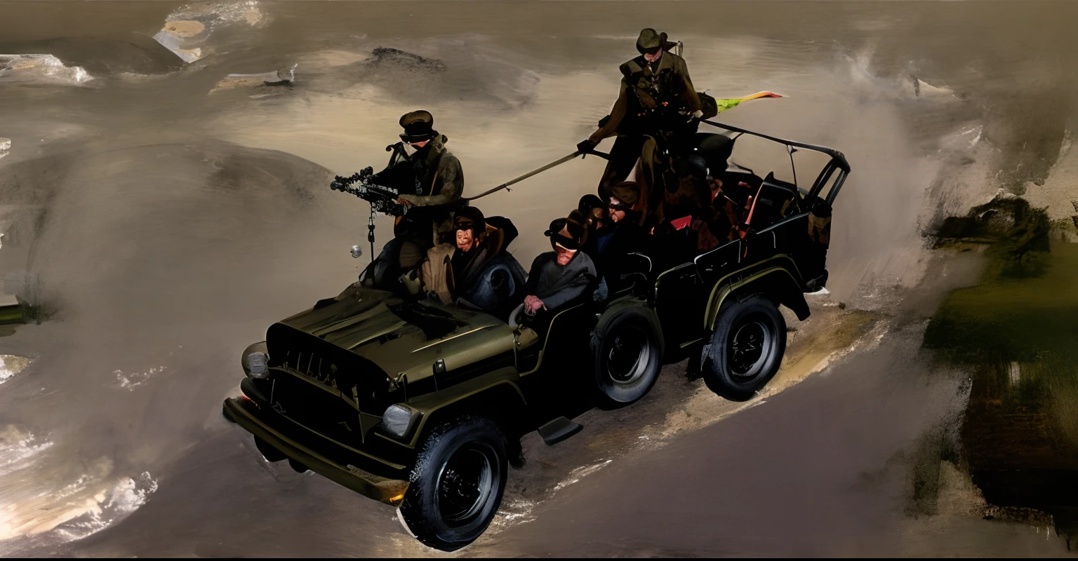 there are two men riding in a jeep with guns on the back, vehicle illustration, whole page illustration, official illustration, dieselpunk setting, concept art for a video game, dieselpunk, in style of dieselpunk, inspired by Wojciech Siudmak, by Adam Marczyński, by Tadeusz Pruszkówski