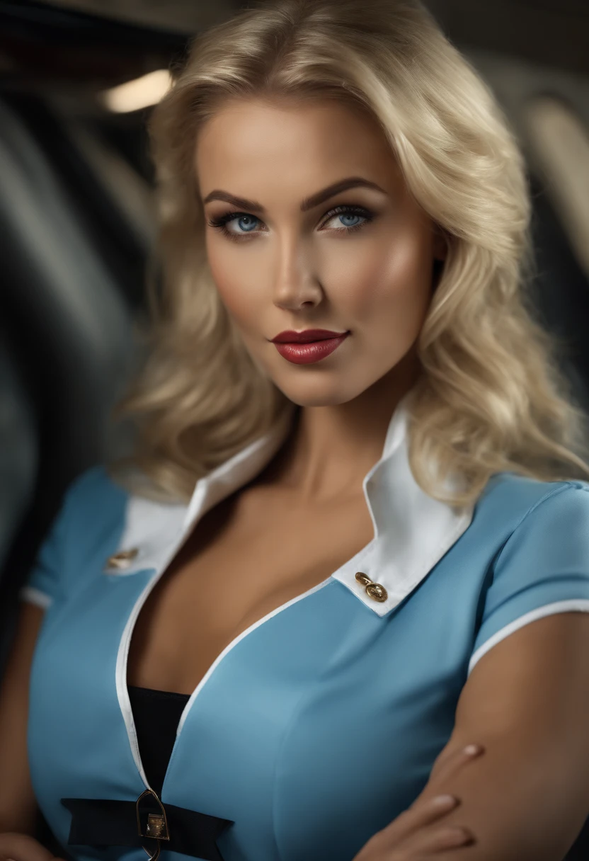 Highly detailed realistic photos of beautiful women, Dressed as an air hostess, Standing in the alley of (Planes), In a sexy black basque, Detailed blonde hair, Blue eyes, Photorealistic, Photo, masutepiece, Realistic, Realism, Photorealism, High contrast, Art Station 8k HD High Definition Detail Realistic Photorealistic Trending Digital Art, Detailed, Skin Texture, Hyper Detailed, Realistic skin texture, Best Quality, Ultra High Resolution, (Photorealistic: 1.4), High resolution, Detailed, Raw photo, Sharp Re, Lee Jefferies Nikon D850 Film Stock Photo 4 Kodak Camera Portra 400 Lens F1.6 colors rich ultra-realistic texturedramatic lightingUnreal engineTrending at Art Station Cinestir 800, Sexy Pose, a gorgeous blonde, fully body photo, Full body, full body photographed, Wear a lace bragerter belt and stockings
