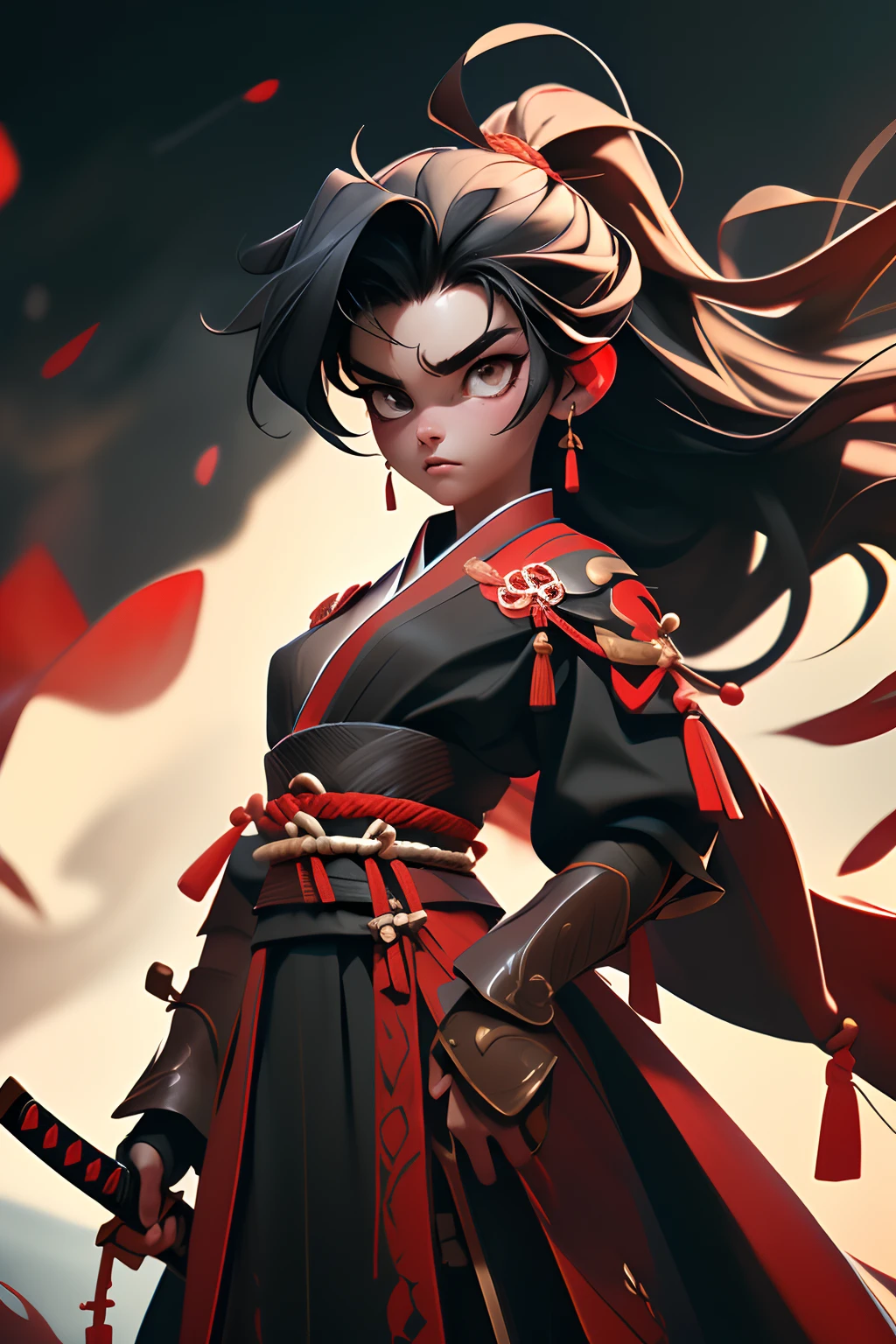 1 samurai girl, Slim body, Cowboy shot,arma,sword,Long hair,Black hair,Holding,Solo,holding weapon,Blood,holdingsword,arm guards,Simple background,blood on weapon,view the viewer,Black eyes,tabi,Floating hair,(RAW photo, 4K, Realistic, Exquisitely Detailed Skin), Masterpiece, Best quality, offcial art, Unity 8k wallpaper, Ultra detailed,(Dark scene,low tune,Soft lighting), Cinematic look,High saturation,Best Anatomy,volume fog,