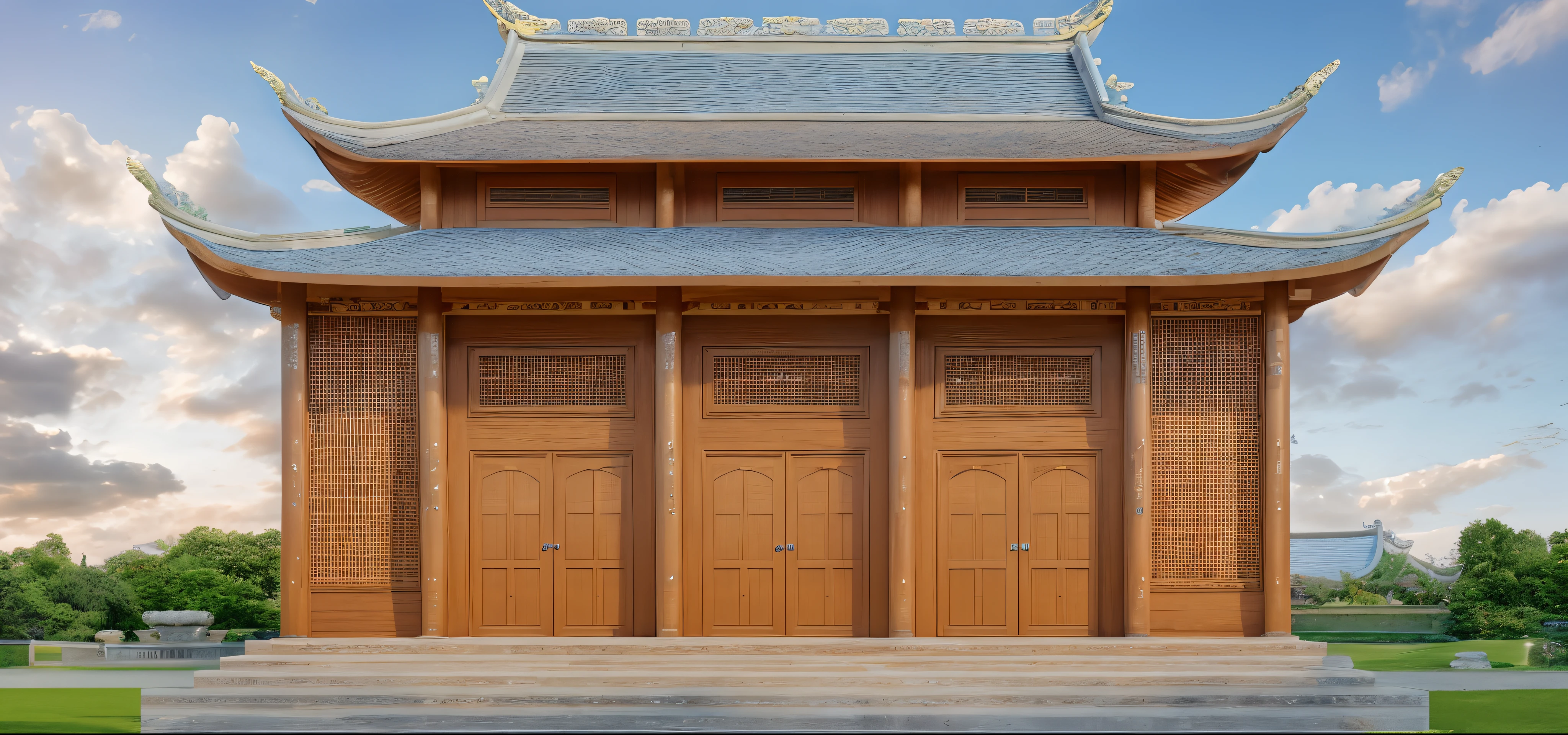 Pagoda architecture, lawn, daylight, blue sky, clouds, interior reflection, oak door, transparent glass,
ultra realistic, masterpiece, best quality, super detailed, ultra high res, raw photo, 8k,
