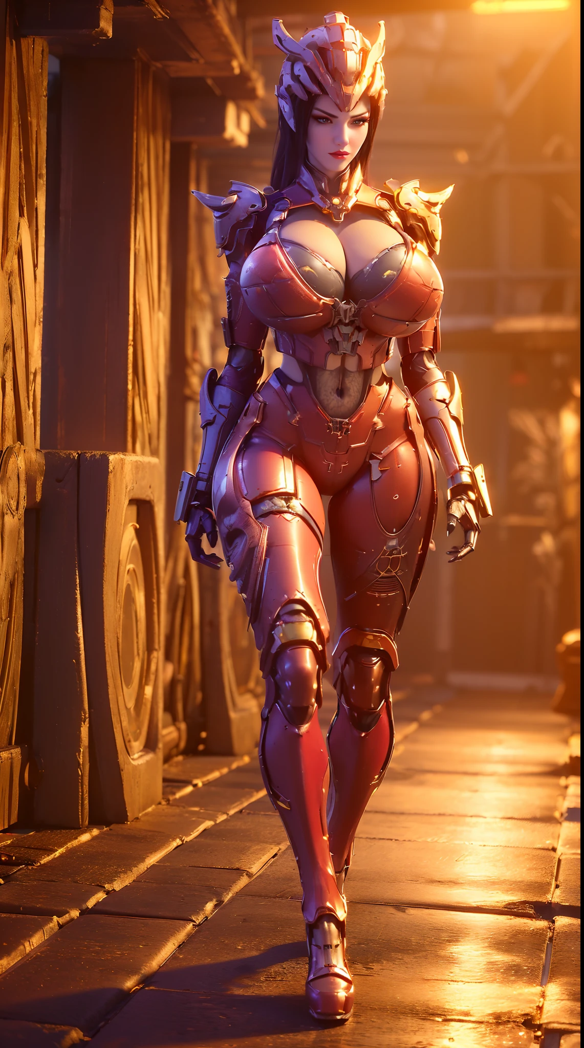 (1GIRL,SOLO:2), (super detailed face), (phoenix helm:1.3), ((GIGANTIC BREAST, HUGE FAKE BREASTS:1.5)), (CLEAVAGE TOP:1.5), (MUSCLE ABS FEMALE:1.4), (MECHA GUARD ARMS,GLOVE:1.4), ((WEAR RED OVERWATCH MECHANICAL ARMOR CROP TOP, MECHANICAL SKINTIGHT SUIT PANTS, MECHA GUARD ARMOR LEGS, HIGH HEELS:1.5)), (MUSCULAR BODY:1.3), (GLOSSY SKIN:0.8), (LONG LEGS, FULL BODY:1.1), (LOOKING AT VIEWER:1.3), (female focus:0.886), (WALKING DOWN HALLWAY OF FUTURISTIC SPACE STATION:1), (BRIGHT LIGHT ROOM:1.3), SUPER TEXTURE, UNREAL ENGINE RENDER, PHYSICALLY-BASED RENDERING, ULTRA HIGHT DEFINITION, 16K, 1080P.