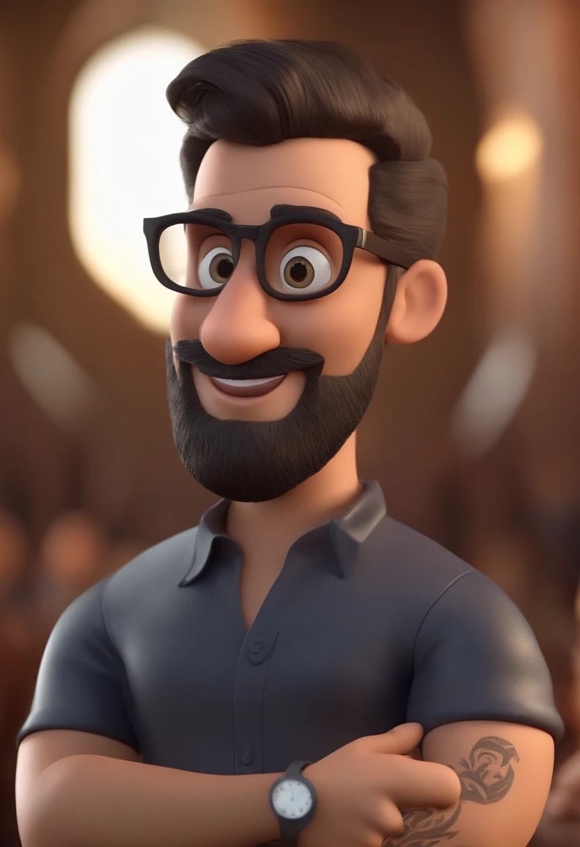 Cartoon character of a brunette man with black glasses and a black polo shirt, cabelo liso, With beard and tribal tattoo on arm, Teacher Animation Character, Caractere estilizado, animation style rendering, 3D estilizado, Arnold Maya render, 3 d render stylized, toon render keyshot, Personagem 3D, Personagem 3D, 3d rendering stylized, 3 d character render, personagem de desenho animado, Personagem de close up, Pose de personagem, (Estilo Pixar) (master part:1.2) (Bokeh) (best quality) (pele detalhada) (textura detalhada) (8k) (argila) (Cinematic lighting) (foco nítido