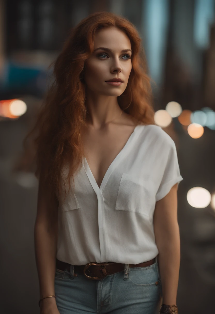 gorgeous woman with extra long wavy ginger hair, detailed alluring eyes, long sexy legs, wearing tiny shorts, t-shirt, ((detailed facial features)), (finely detailed skin), pale skin, realistic skin texture, extreme skin details, (pores:0.1), in the background beautiful futuristic cyberpunk city, best quality masterpiece, photorealistic, hyperrealistic, detailed, 8k, HDR, (Soft color: 1.2), shallow depth of field, broad light, high contrast, backlighting, bloom, light sparkles, chromatic aberration, sharp focus, RAW color photo