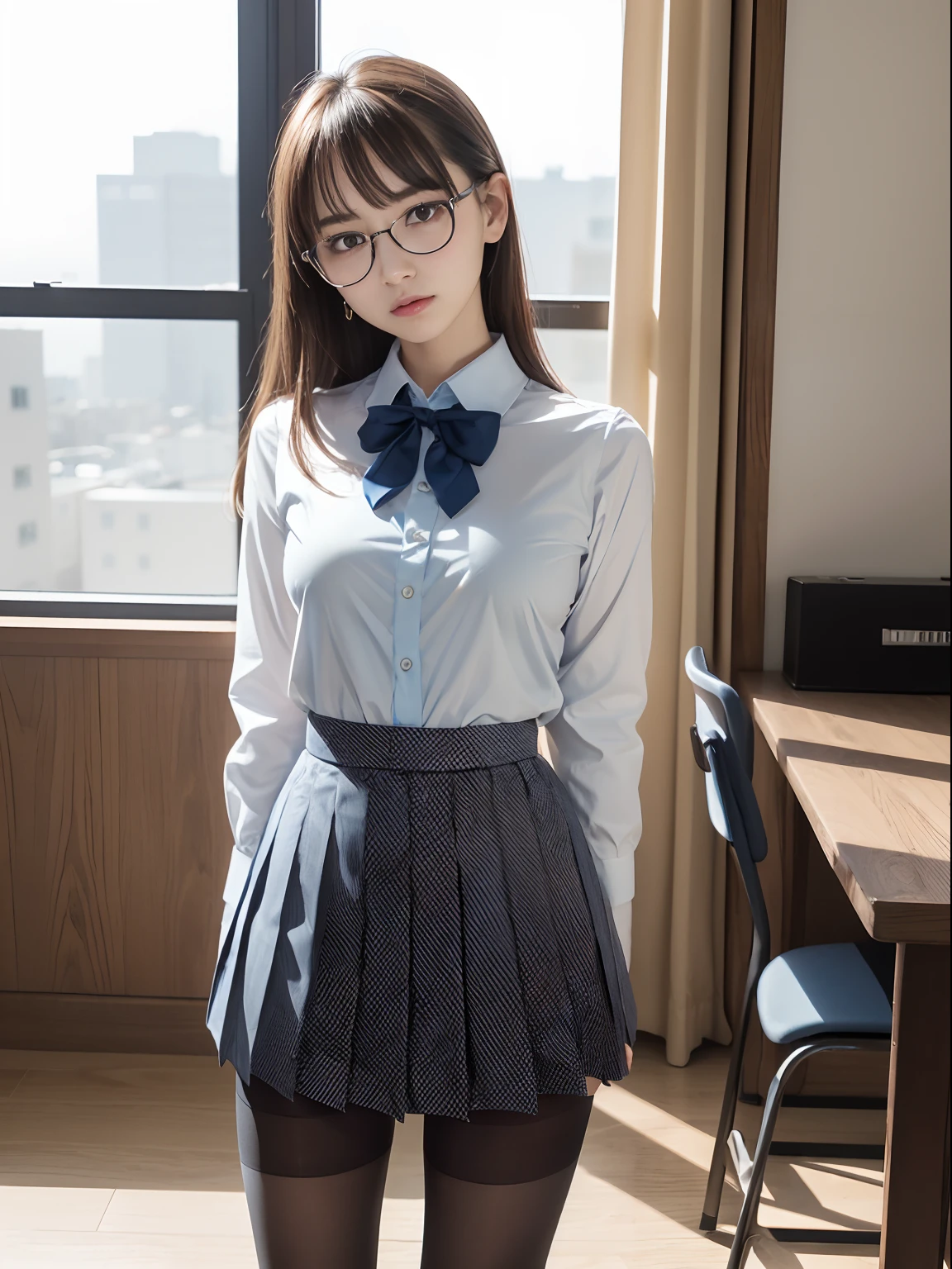 (Medium Hair),(Underwear is visible),(8K、Raw photography、top-quality、masterpiece:1.2),((small tits))、((small tits))、((small tits))、((small tits))、((small tits))、((A-cup))、((A-cup))、((A-cup))、((A-cup))、((A-cup))、Has a small、(flat breast)、(flat breast)、(flat breast)、(flat breast)、(flat breast)、(being thin)、Rasping,glamor,Chromo-white skin,cocky,School,watching at viewers,Looking at the front,Muchimuchi,High-pitched clothing,Erotic,Pupils,de pele branca,kne,((Black pantyhose)),absurderes,a small face,,Forehead visible,Bangs hanging from the left and right sides of the forehead,(a cold expression,Tight eyes,glares,Bullish,irate)、masterpiece,top-quality、超A high resolution,Raw photo,ren,Beautiful fece,One Person, 独奏,eye glass,,Dark look,Small breasts,fullllbody,Round glasses,JK school uniform,hi-school girl,A Japanese Lady,is standing,(Photorealsitic:1.37)、Photon mapping,Realistic、Beautie,Cute little face,Brown-eyed、Black socks、(Red bow tie)、Radio City、Physically Based Rendering、depth of fields、Blurry background、a picture,Body,beauty legs, Long legs, Thin leg,(Bangs are visible), hair, s lips, Blue_The eye, nosesoft,(Light blue shirt), (Navy and blue and white plaid pleated skirt), Knees are visible,Sheer clothing,, Thigh, Black cotton socks,Nogizaka Idol, 女優, Japanese ido