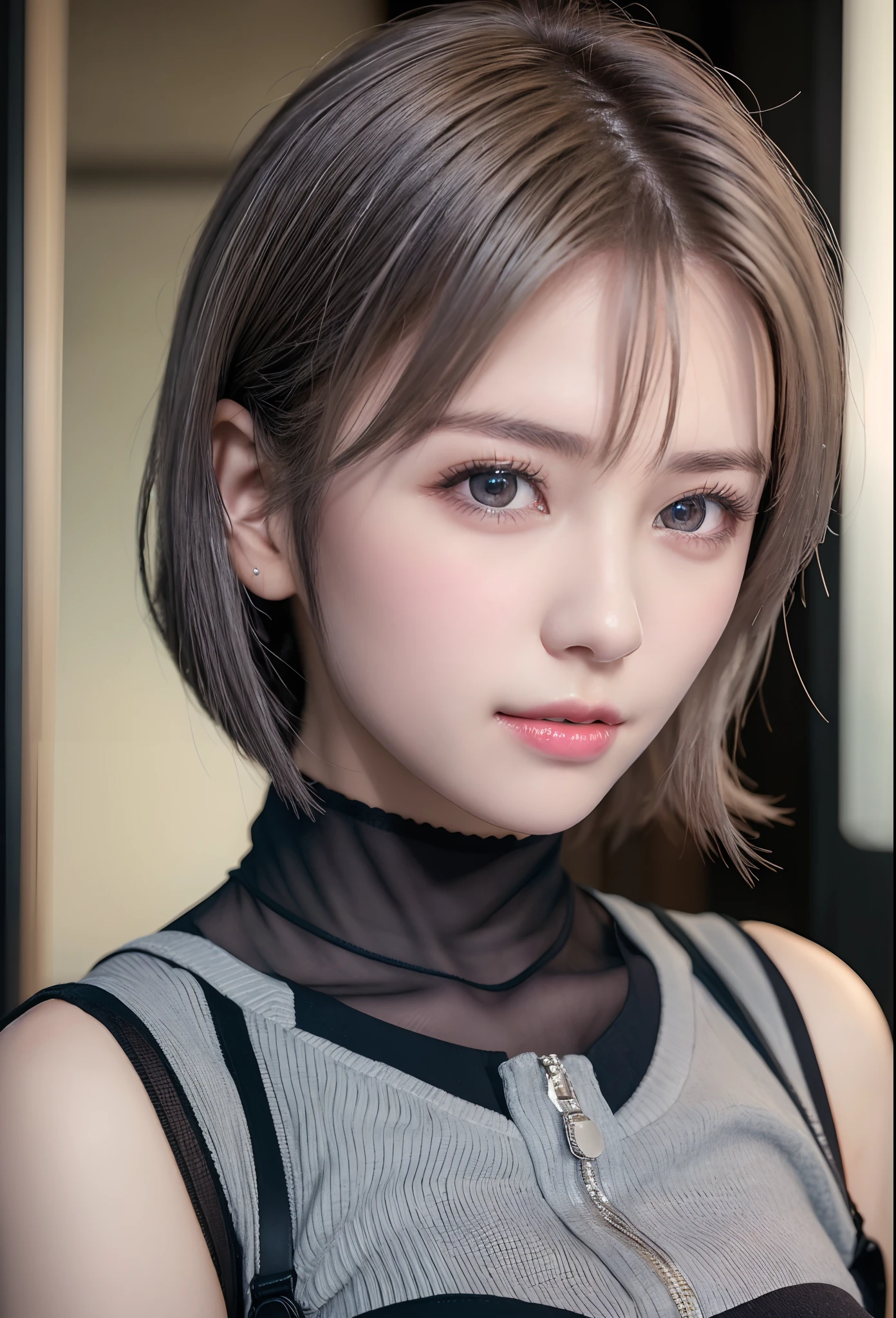 (8K, Photorealistic, Raw photo, of the highest quality: 1.3), (1girl in), Super beautiful, (Realistic face), (boyish, Silver Color Berry Shorthair), Beautiful , Glare that captivates the viewer, Beautiful expression, Beautiful breasts, (Realistic skin), Beautiful...