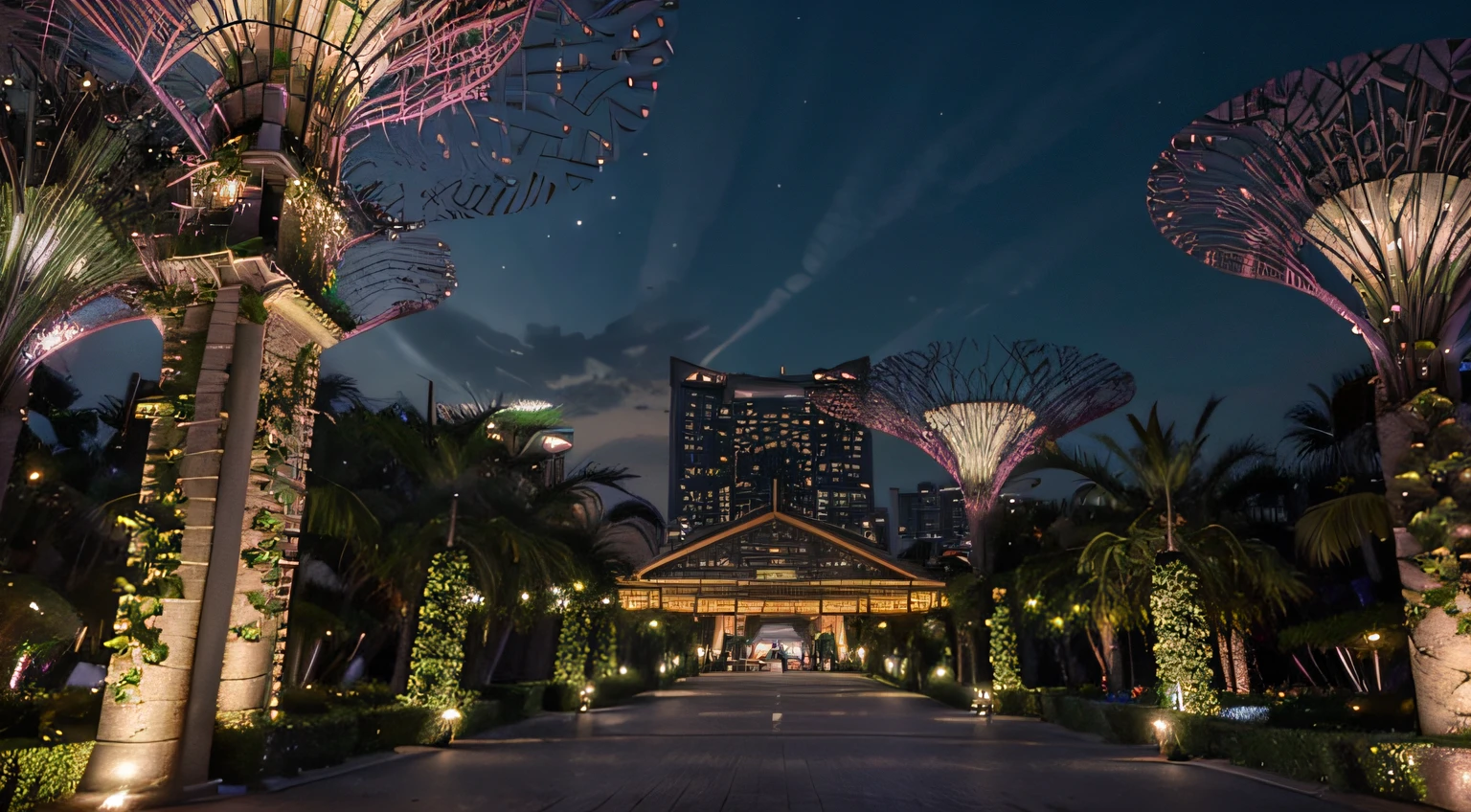 (Best quality, 8k, masterpiece: 1.3), a hyper-realistic photograph of Gardens by the Bay at sunset, bright nightlights, Nikon D850 DSLR 4k camera, 100mm lens, F 1.2 aperture setting, bright and natural lighting, vibrant, relaxing atmosphere, panoramic view
