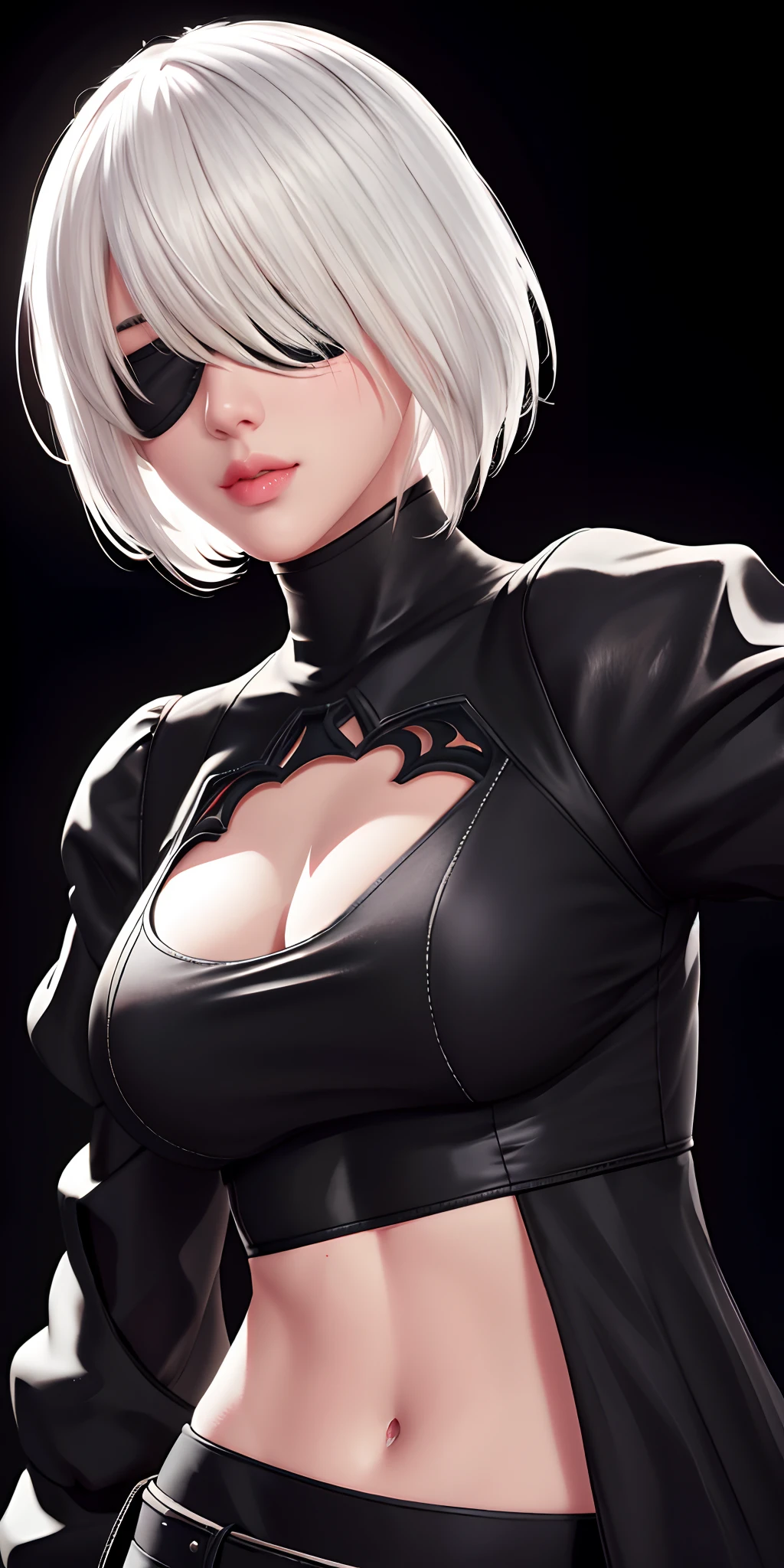 （（（ n_2b,Blindfold, black eye mask, Large breasts，with short white hair，Wears a black eye patch，））），((Masterpiece)),A high resolution, ((Best quality))，tmasterpiece，top-quality，best qualityer，（（（ Exquisite facial features，looking at viewert, ））），（（（Light and shadow interlace，huge boob，white skinned，laughingly，self-assured））），（（（Anime girl with black hair and white top and black jacket, Guviz-style artwork, Guviz, by Yang J, attractive anime girls, anime realism style, Style anime, realistic anime artstyle, detailed portrait of an anime girl, seductive anime girls, Anime style. 8K, Style Artgerm, Extremely detailed Artgerm, a beautiful anime portrait）））