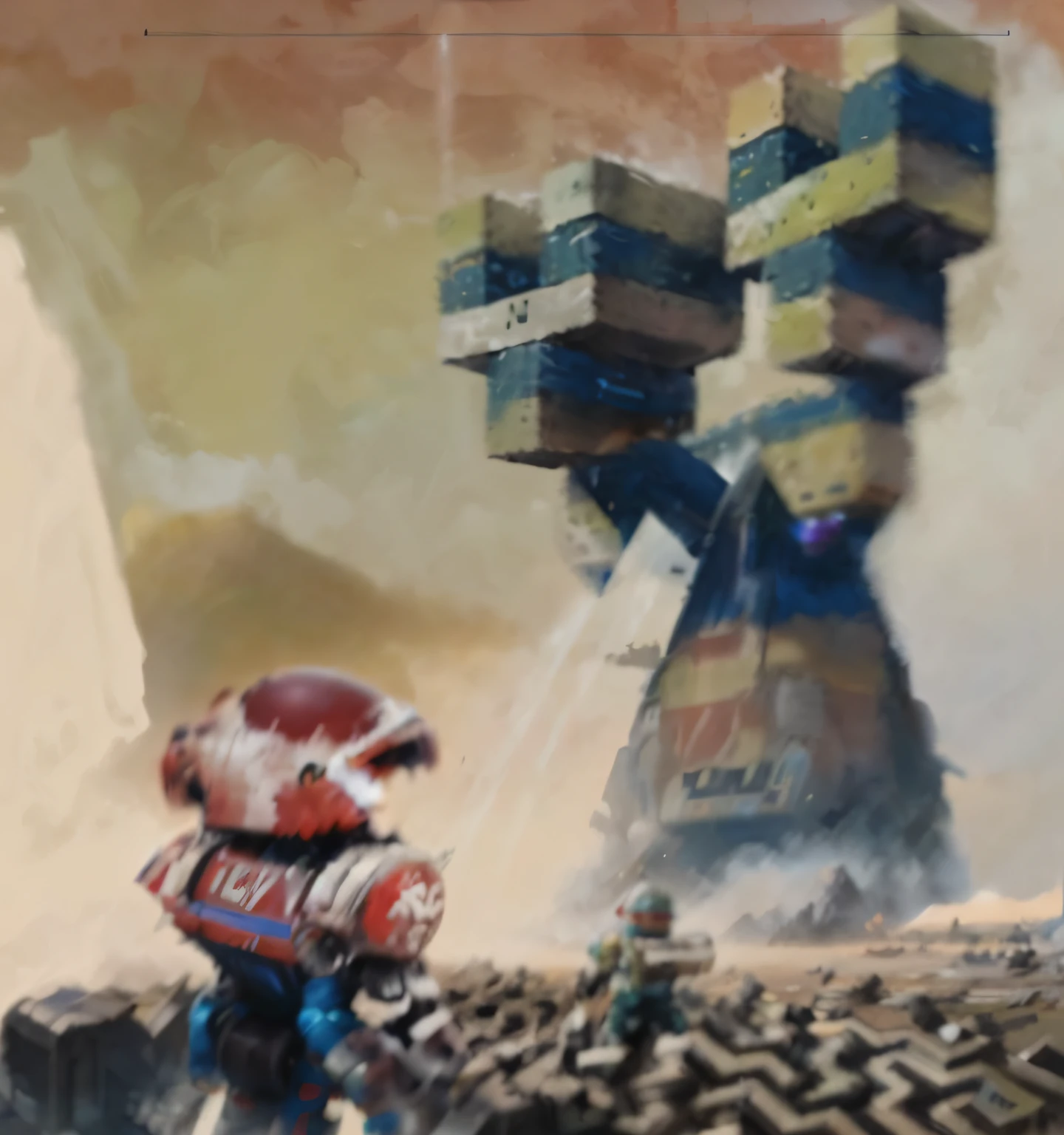 pintura de um robo com cores vermelha e azul, inspirado em Chris Foss, pintura de fantasia, Chris Foss, arte de videogame, inspirado em Mario Comensoli, arte do jogo nintendo, inspirado em Luigi Kasimir, Estilo de Chris Foss, Mario, Pilhas, arte de videogame, Arte conceitual de Chris Foss, Directed by: Chris Foss, e uma piramide gigante feita de tetris imagem super detalhada