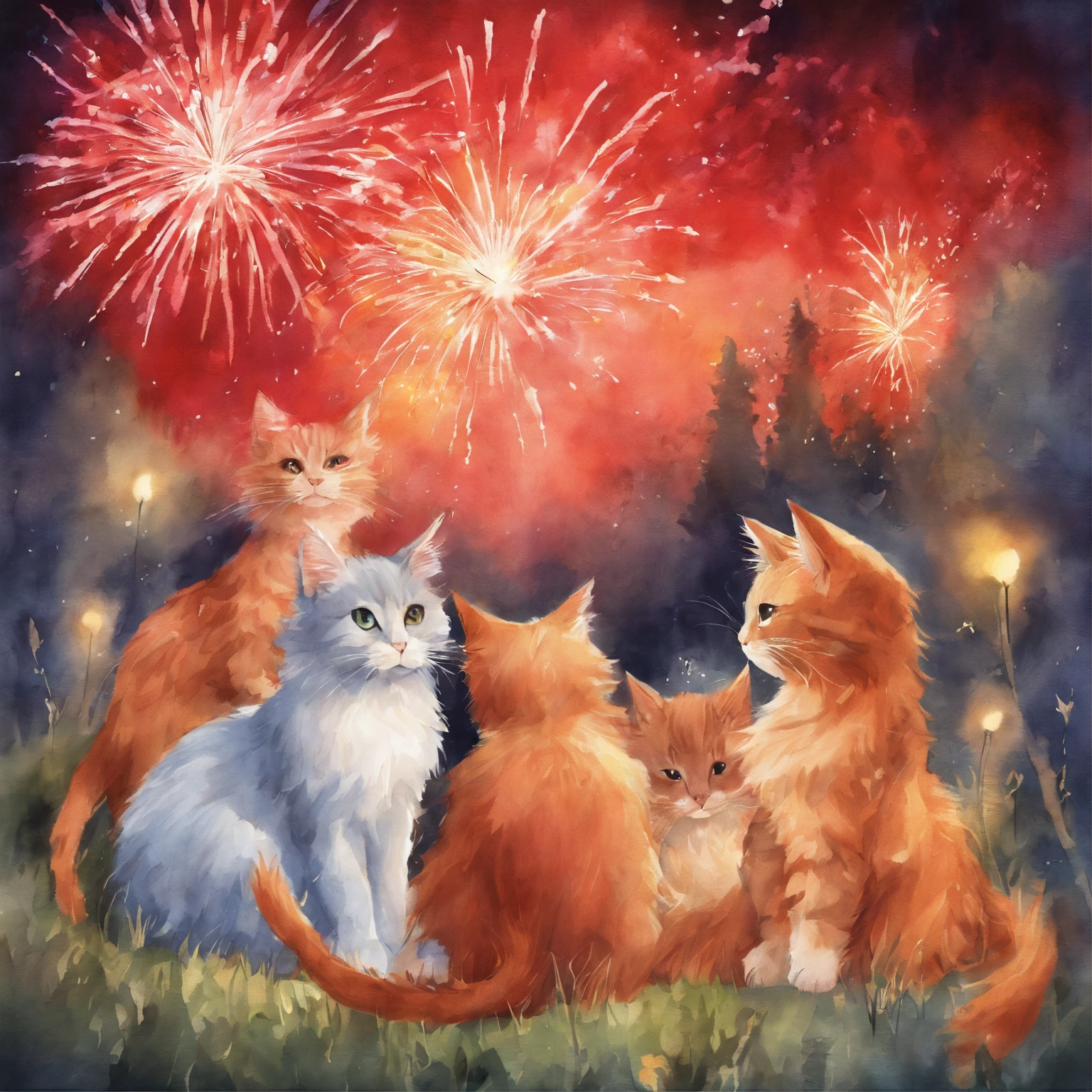 100 cats Watching a fireworks display Fantastic atmosphere Picture book illustrations watercolor paiting Overall, the color is strong red