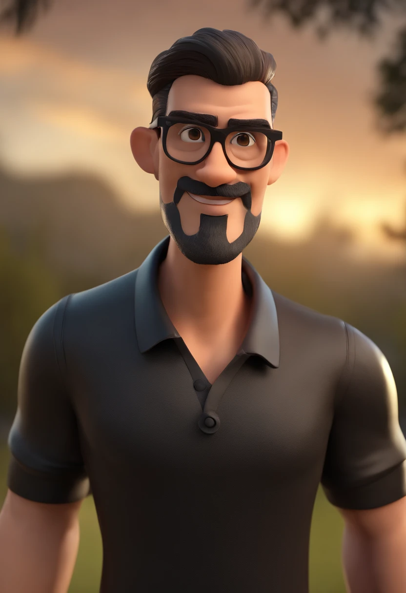 Cartoon character of a brunette man with black and short glasses and a black polo shirt, cabelo liso, With beard and tribal tattoo on arm, Teacher Animation Character, Caractere estilizado, animation style rendering, 3D estilizado, Arnold Maya render, 3 d render stylized, toon render keyshot, Personagem 3D, Personagem 3D, 3d rendering stylized, 3 d character render, personagem de desenho animado, Personagem de close up, Pose de personagem, (Estilo Pixar) (master part:1.2) (Bokeh) (best quality) (pele detalhada) (textura detalhada) (8k) (argila) (Cinematic lighting) (foco nítido