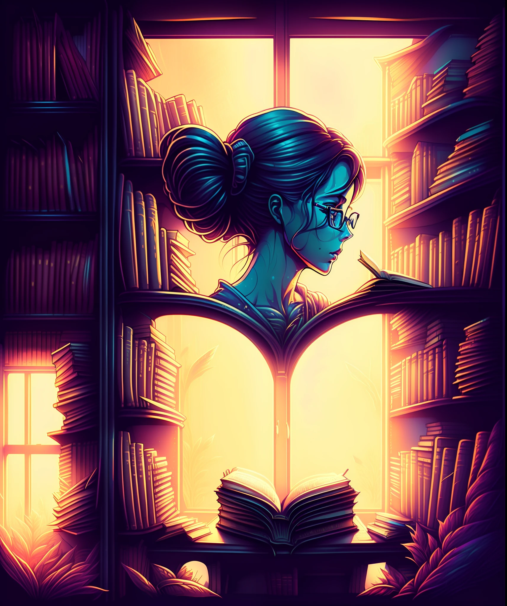 Library, books, bookshelves, far away photo of 
beautiful brunette