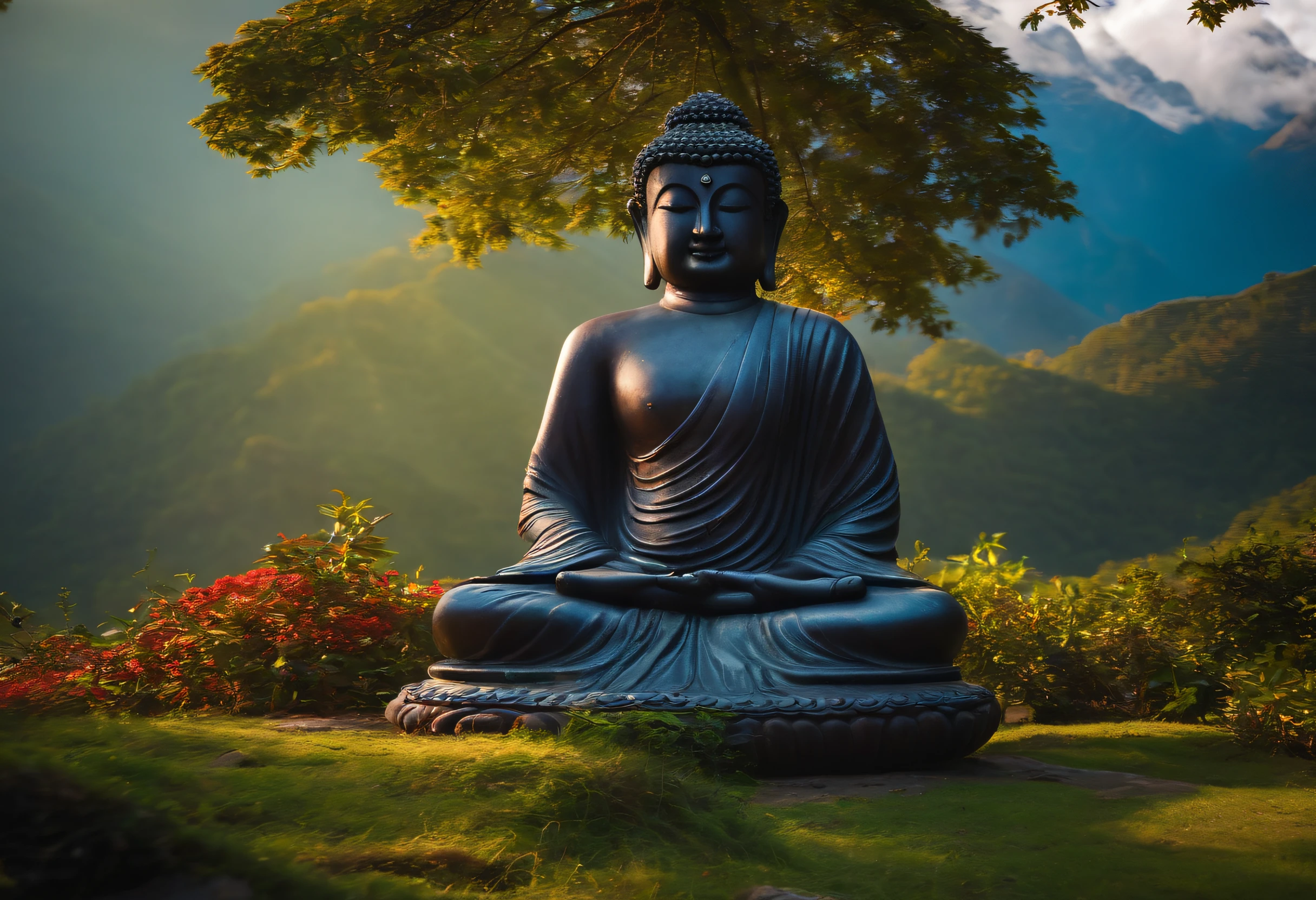 Buddha meditating in the Nepali mountains.