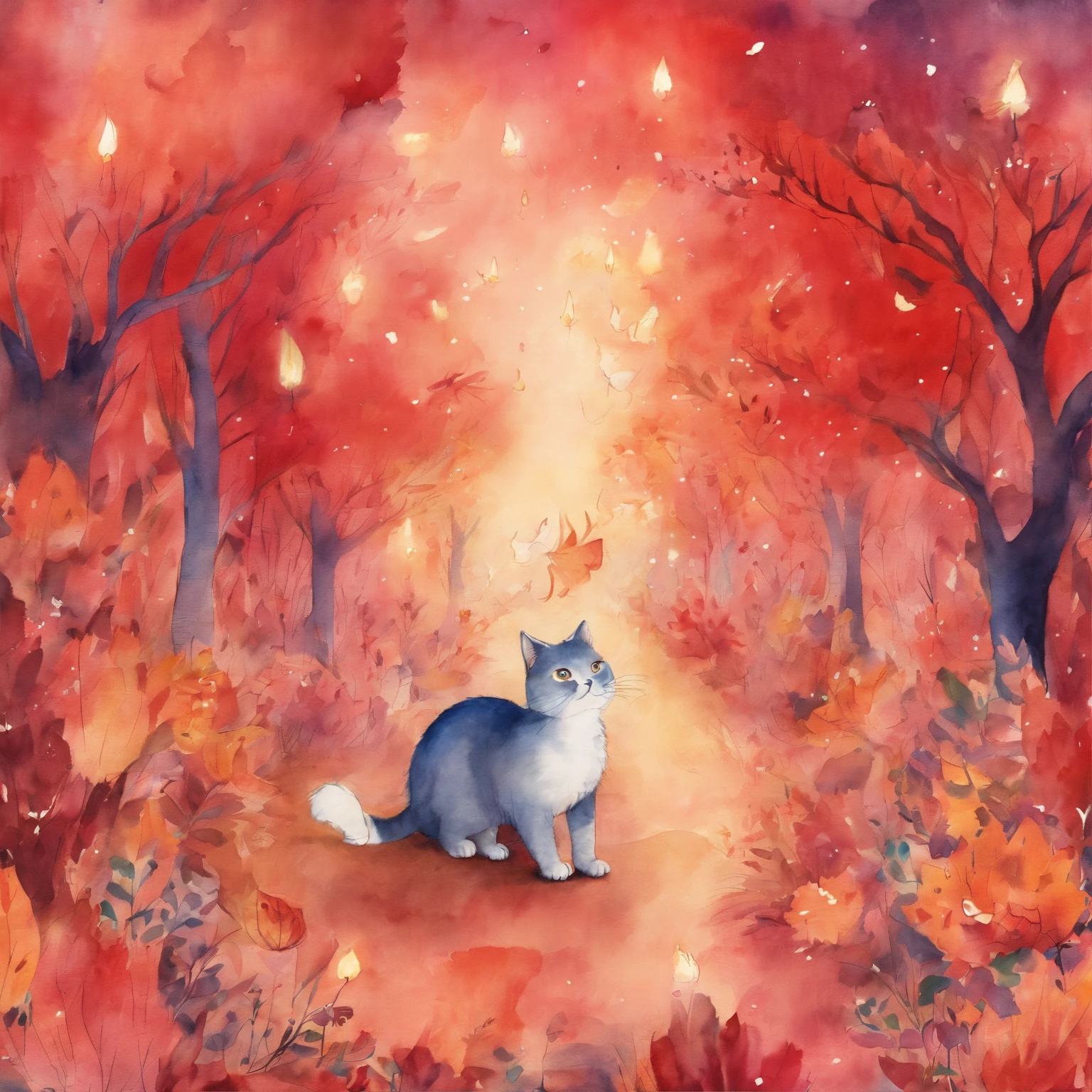 Cat Electric Parade Fantastic atmosphere Picture book illustrations watercolor paiting Overall, the color is strong red