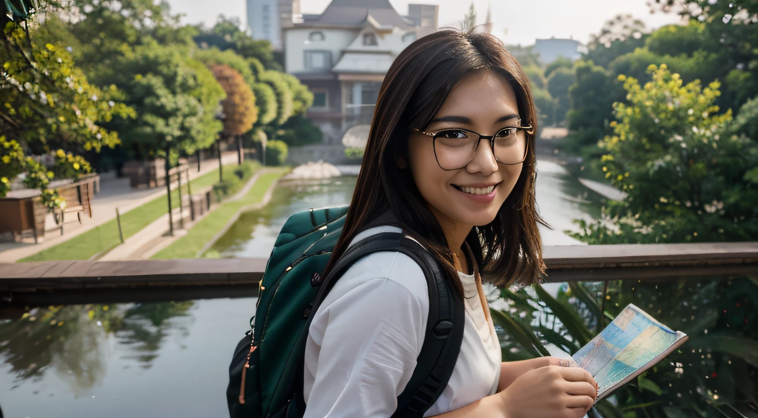 (Best quality, 8k, masterpiece: 1.3), a beautiful Asian woman's back with dark brown hair, smiling, wearing glasses and a backpack, looking at a map, Nikon D850 DSLR 4k camera, 100mm lens, F 1.2 aperture setting, bright and natural lighting, vibrant, relaxing atmosphere, panoramic view