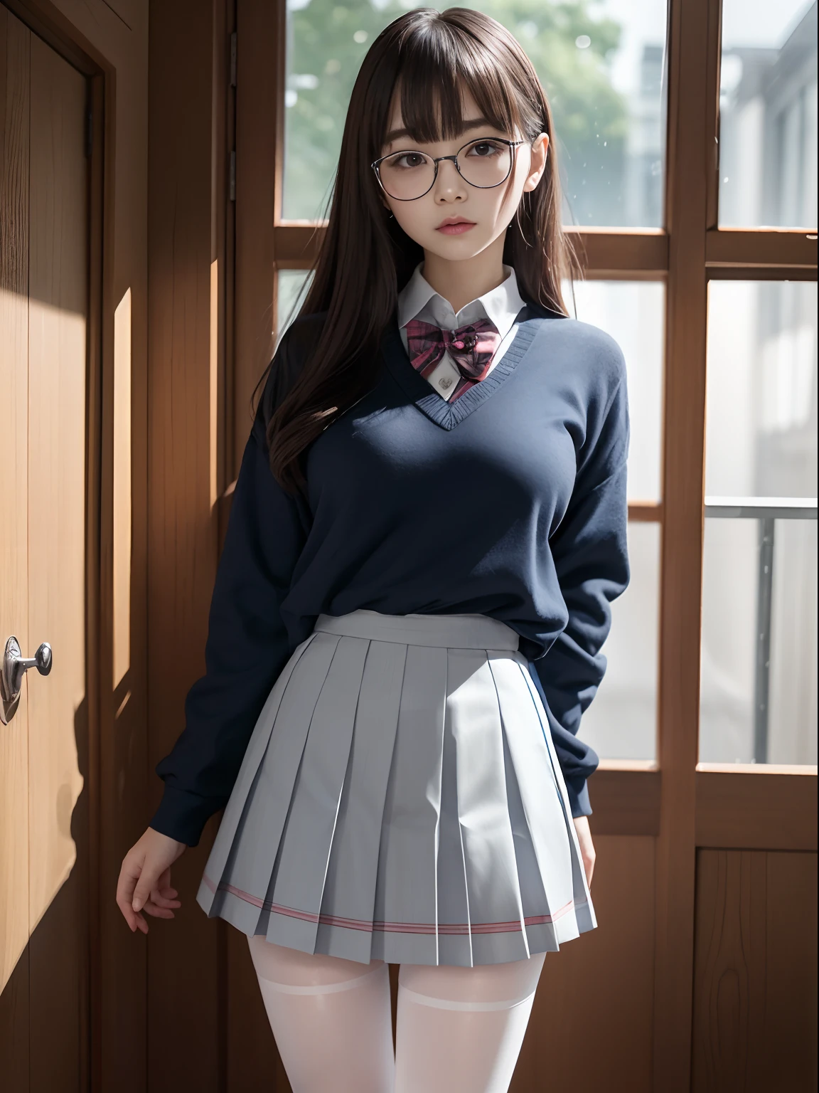 (Long Bob Cut),(8k、RAW Photosgraphy、Highest quality、masterpiece:1.2),Glamour,Chromo White Skin,Cheeky,School,Staring at the audience,Viewed from the front,Muchimuchi,??????,student,White skin,knees,Student Bag((Black Pantyhose)),absurdes,Small Face,,Flat Chest,Part the front hair from the middle、The forehead is visible,(Cold look,Squinting my eyes,Glare,strong,skinny,Sanding,Rage)、masterpiece,Highest quality、Ultra-high resolution,RAW Photos,Only,Beautiful poop,one person, 独奏,Glasses,,Dark look,Small breasts,whole body,Round Glasses,JK ,high school girl,Japanese women,standing,(Photorealistic:1.37)、Photon Mapping,Realistic、Beauty,Cute Face,Brown eye、Black socks、(Red bow tie)、Radio City、物理ベースOnlyダリング、Depth of written boundary、Blurred Background、picture,body,Beautiful feet, Long legs, Thin legs,(I can see the front hair), hair, Lips, green_eye, Nose Soft,(Light blue shirt), (Navy, blue and white checkered pleated skirt), I can see the knees,See-through clothing,, thigh, black cotton socks,Nogizaka Idol, Pink wall、