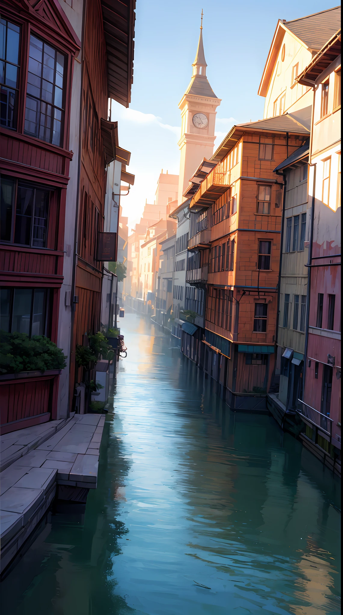 masterpiece, concept art, a painting of a city with a river running through it, by Tyler Edlin, trending on Artstation, peaked wooden roofs, screenshot from a 2012s anime, imaginefx : : hyperrealism, houses on stilts, joongwon jeong, widescreen shot, james jean marc simonetti, dribbble, docks, furry fantasy art, pseudo - medieval fantasy