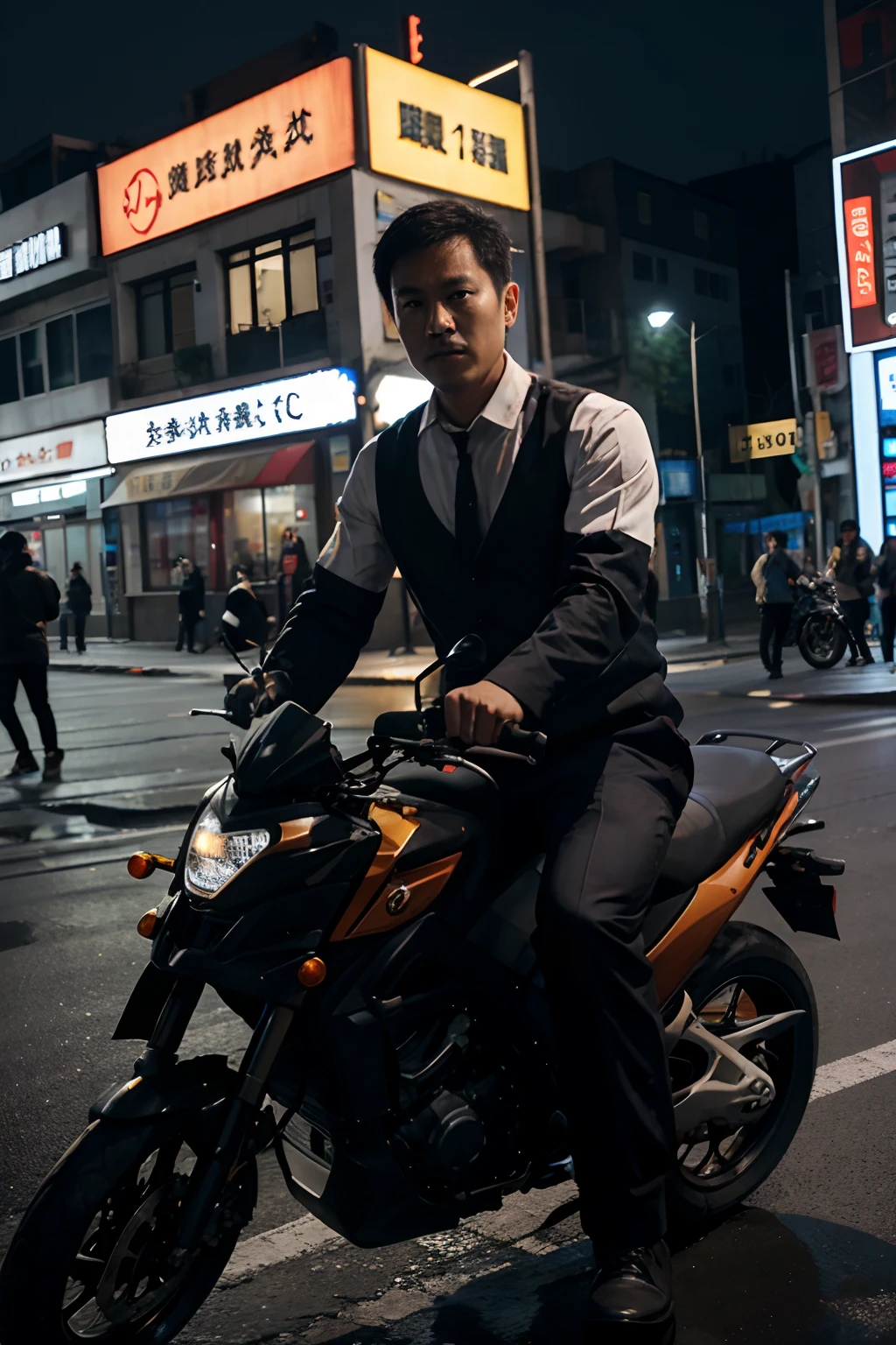 Chinese substitute driver, Wear a warning vest, Riding in a two-wheel drive car Walking on the street at night with normal proportions Handsome male