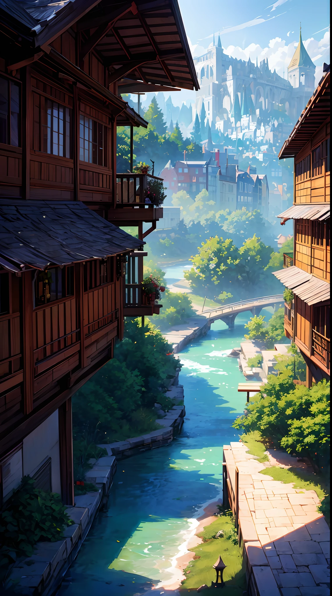 masterpiece, concept art, a painting of a city with a river running through it, by Tyler Edlin, trending on Artstation, peaked wooden roofs, screenshot from a 2012s anime, imaginefx : : hyperrealism, houses on stilts, joongwon jeong, widescreen shot, james jean marc simonetti, dribbble, docks, furry fantasy art, pseudo - medieval fantasy