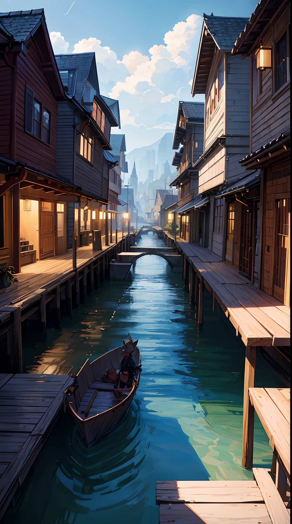 masterpiece, concept art, a painting of a city with a river running through it, by Tyler Edlin, trending on Artstation, peaked wooden roofs, screenshot from a 2012s anime, imaginefx : : hyperrealism, houses on stilts, joongwon jeong, widescreen shot, james jean marc simonetti, dribbble, docks, furry fantasy art, pseudo - medieval fantasy
