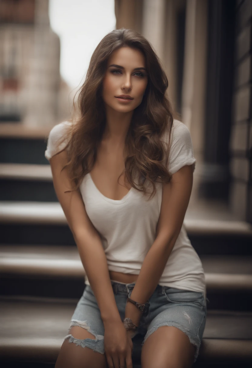gorgeous woman with extra long wavy brunette hair, detailed alluring eyes, long sexy legs, wearing tiny shorts, t-shirt, ((detailed facial features)), (finely detailed skin), pale skin, realistic skin texture, extreme skin details, (pores:0.1), in the background beautiful futuristic cyberpunk city, best quality masterpiece, photorealistic, hyperrealistic, detailed, 8k, HDR, (Soft color: 1.2), shallow depth of field, broad light, high contrast, backlighting, bloom, light sparkles, chromatic aberration, sharp focus, RAW color photo