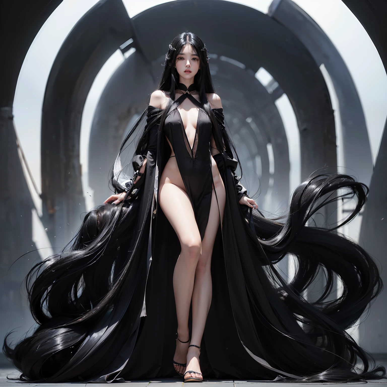 (Top image quality、top-quality、Top resolution、hyper realistic photography、Full body photo、masterpiece、16k、)1girl in、Surprisingly long black hair is super beautiful、hair length about 3 meters、White underwear or naked、Hide the whole body with straight black hair、Very beautiful face、well-groomed beautiful black hair、very large amount of hair、Ultra-long black hair with an emphasis on sex appeal as a woman、slim figure、Lustrous beautiful hair、Bright lighting、profetional lighting、Winner of the World Long Hair Contest、Full body real photo、Head-to-toe photo、Photo taken from about 4 meters away、Super Real、Two hands、2 legs、The longest black hair in the world、Hair is heavy and tired、Hair longer than Rapunzel、very large amount of hair、I hide my whole body with very long black hair、Hair that is shampooed every day is very clean、Hair smells of roses、Very long black hair is my sex appeal、Very long black hair is my charm、Long black hair is a symbol of beauty、My pride is very long black hair、This long hair length and amount is admired all over the world、My very long black hair is spread out in a fan shape、Facing backwards、Sleeping face down、Silky black hair flowing from the shoulders to the floor、Ridiculously large amount of hair、The hair is ridiculously bushy、Wrap the entire bed in hair、Hide my hands with long hair、Hide my fingers with long hair、A storm of angry black hair that seems to overflow from the screen、