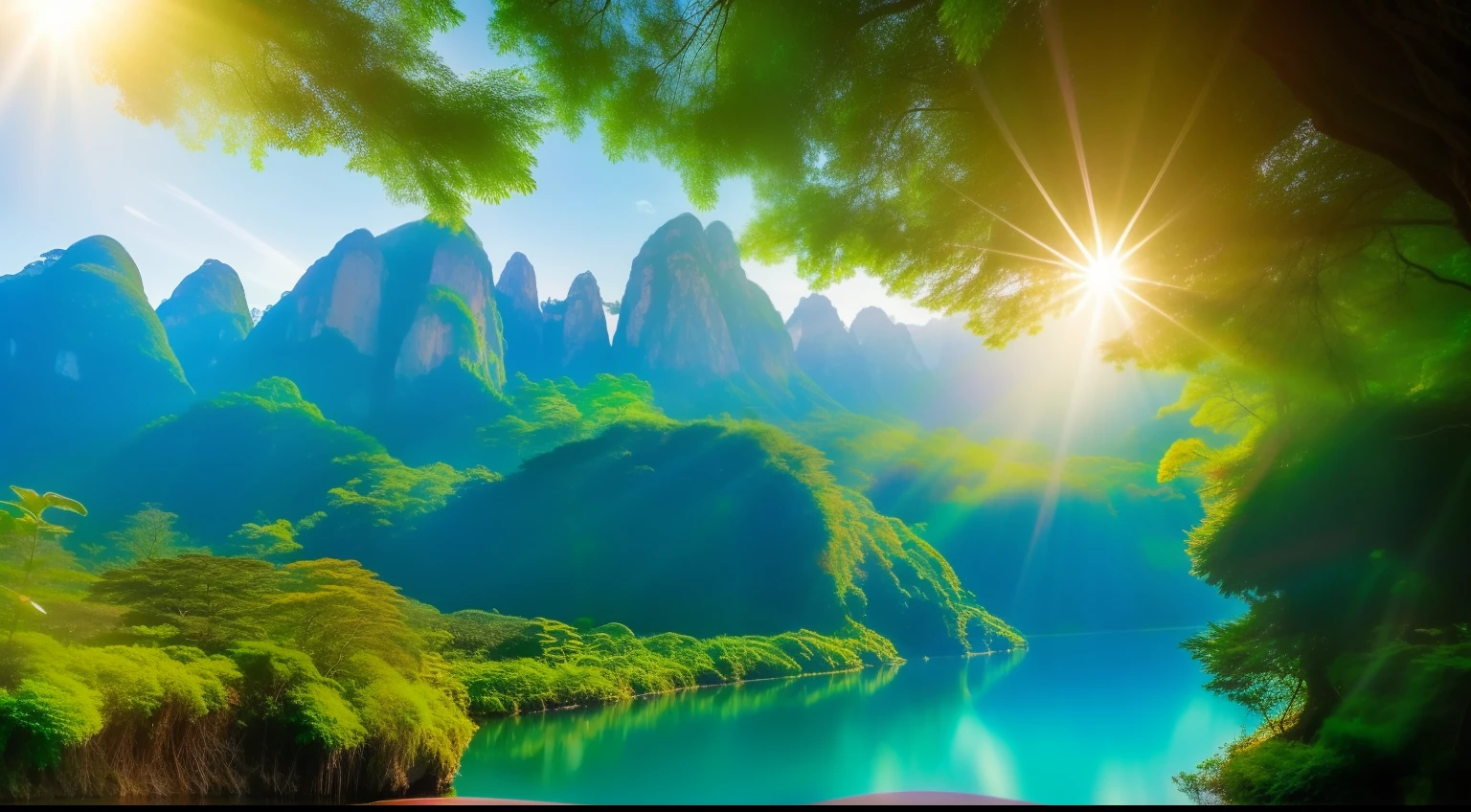 Uma imagem de um riacho cristalino fluindo suavemente por uma floresta exuberante, symbolizing the fluidity of life and the abundance that is always available to those who believe. It can include rays of sunshine that illuminate the scenery, representando a luz divina