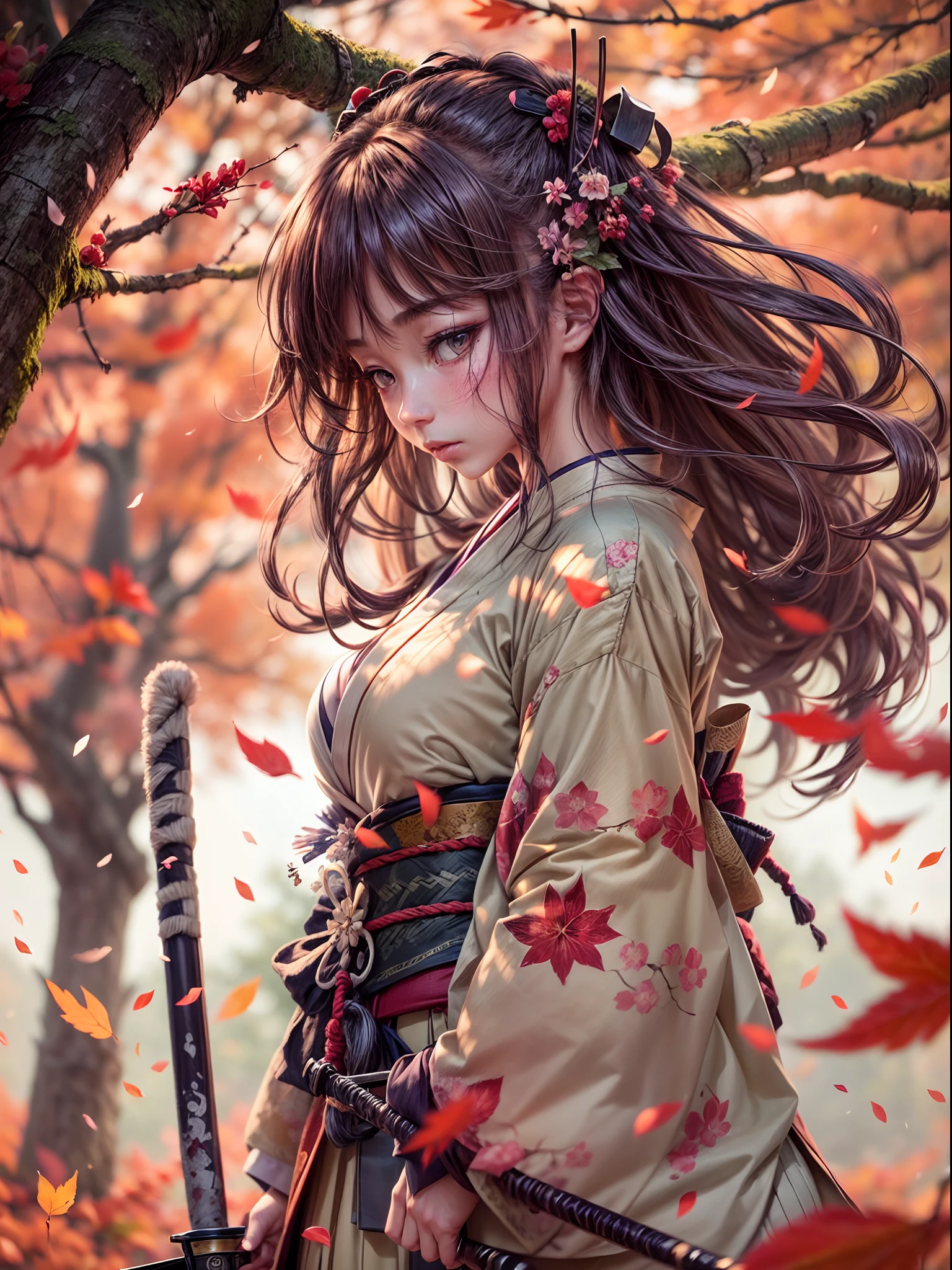 A teenage girl,komono,"(Best quality,4K,8K,A high resolution,Masterpiece:1.2),Ultra-detailed,Realistic, hdr, Autumn scenery in Japan, Flying autumn leaves, (Broken, Damaged, Old) samurais, ( Crouching) Samurai, (Falling, Scattered) Autumn leaves, (Dirty, Weathered) katana swords, (Cracked, Damaged) , (Vivid, vibrant) colours, (soft, warm) Color Palette, (Natural, warm) lighting, (serene, Peaceful) atmosphere, A traditional Japanese landscape, (tranquil, Quiet) ambiance, (rustling, gentle) breeze, Hidden Face, (mysterious, Secretive) Samurai, (forget, Abandoned) battlefield, (tranquil, calm) energy, (Nostalgic, desire big breasts) scenery, (attractive cleavage, big breasts enchanting) Autumn colors, (calm, serene) Demeanor, (frotting, tattered) enviroment, (Lost, forget) battlefiled, Falling cherry blossom petals, Delicate brushstrokes, The essence of Japanese culture"
