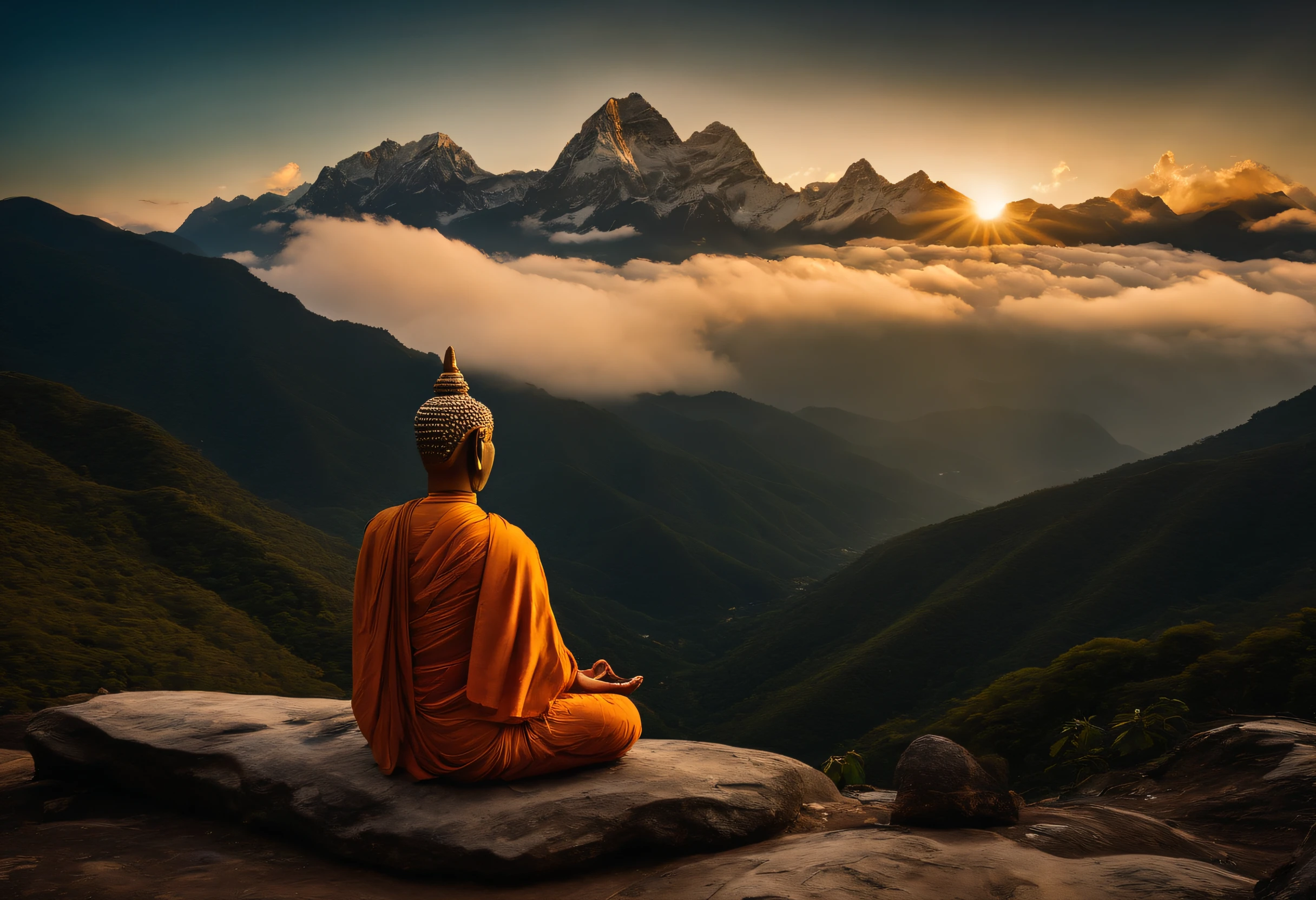 Buddha meditating in the Nepali mountains.