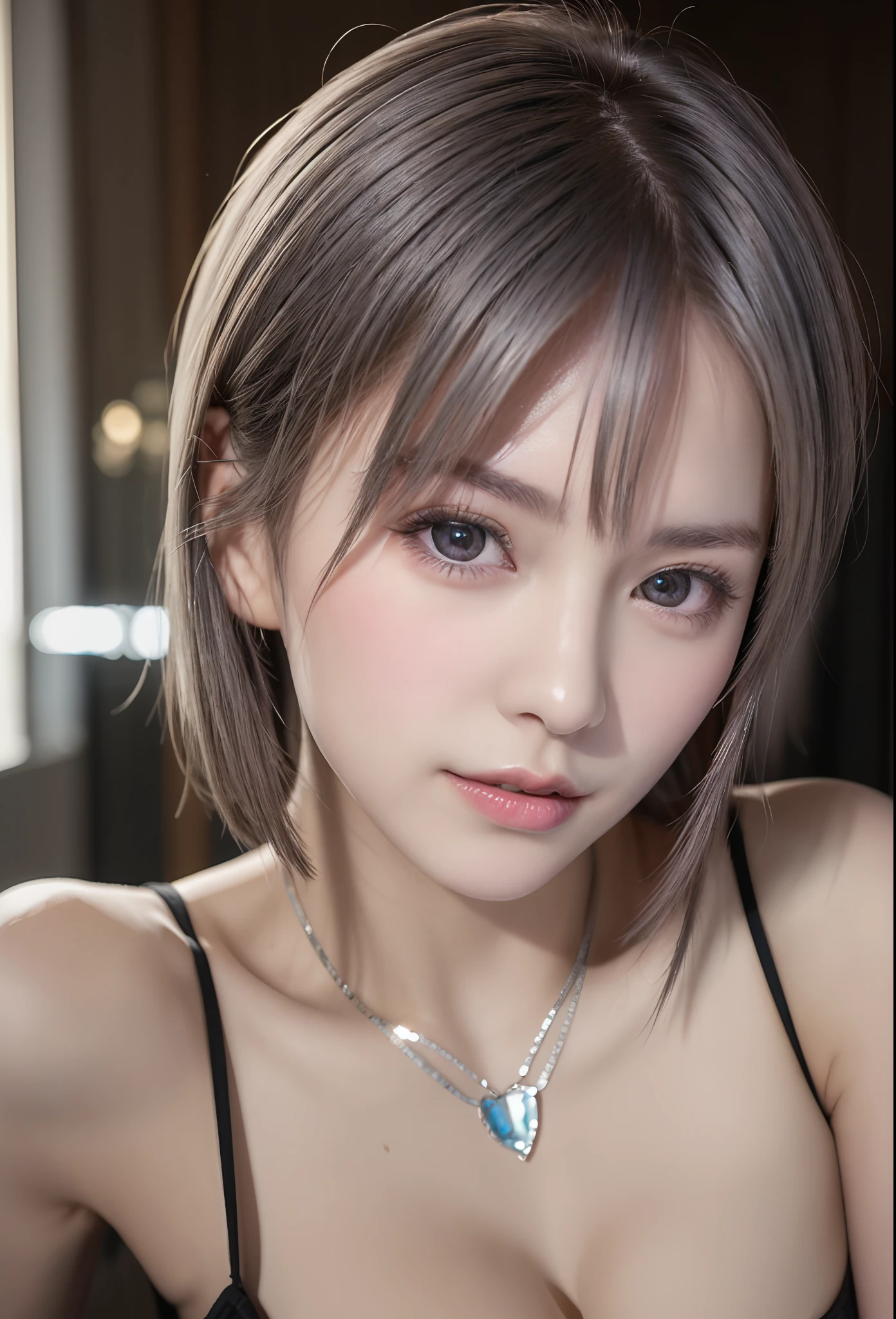 (8K, Photorealistic, Raw photo, of the highest quality: 1.3), (1girl in), Super beautiful, (Realistic face), (boyish, Silver Color Berry Shorthair), Beautiful , Glare that captivates the viewer, Beautiful expression, Beautiful breasts, (Realistic skin), Beautiful...