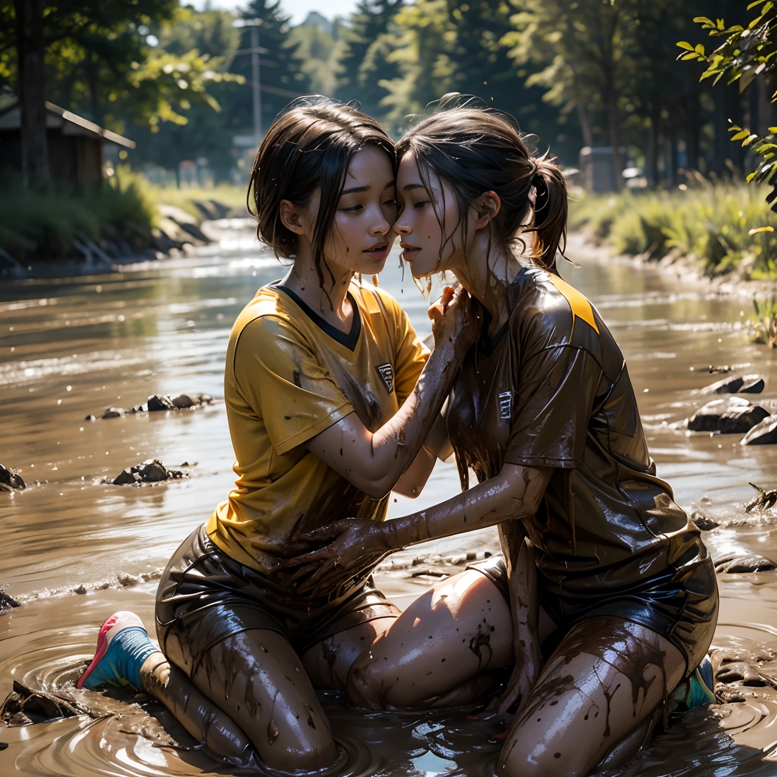 college girls showering together in their soccer uniforms, muddy clothes, muddy bodies, muddy hair, sensual, varied ethnicity, looking at each other, embracing, playful, splashing, soaked, drenched, dripping wet, long shirts, soccer shorts, dirty, muddy, socks, sneakers, ultra detailed faces, masterpiece, best quality, hd, 8k, photorealistic, low angle shot, nsfw, dripping mud, covered in mud and dirt