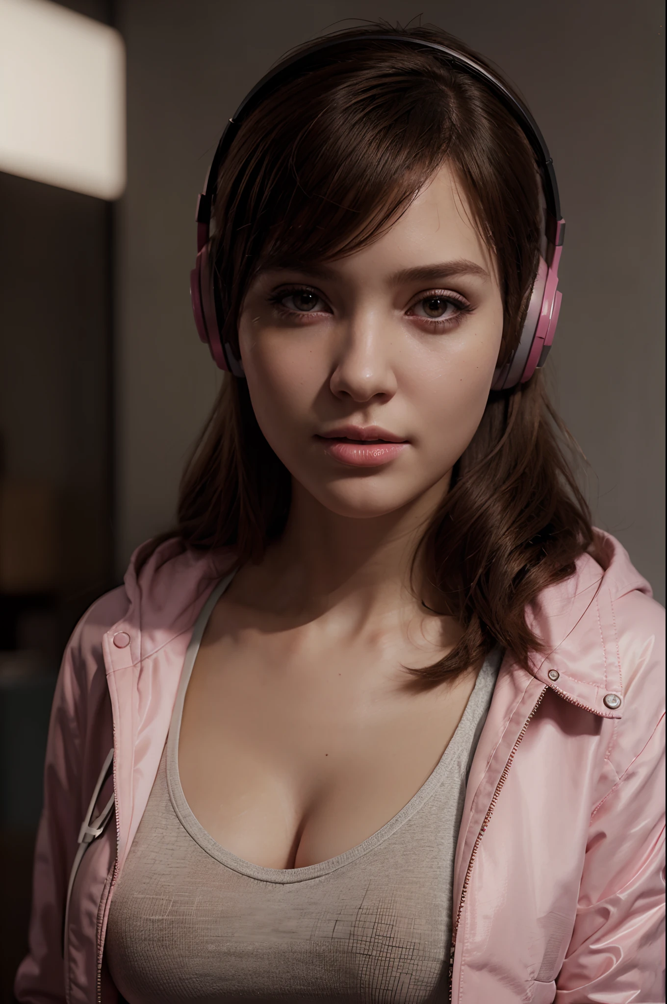 a woman wearing headphones and a pink jacket, a photorealistic painting by Alexander Kucharsky, cgsociety, photorealism, ilya kuvshinov, daz3d, photorealistic