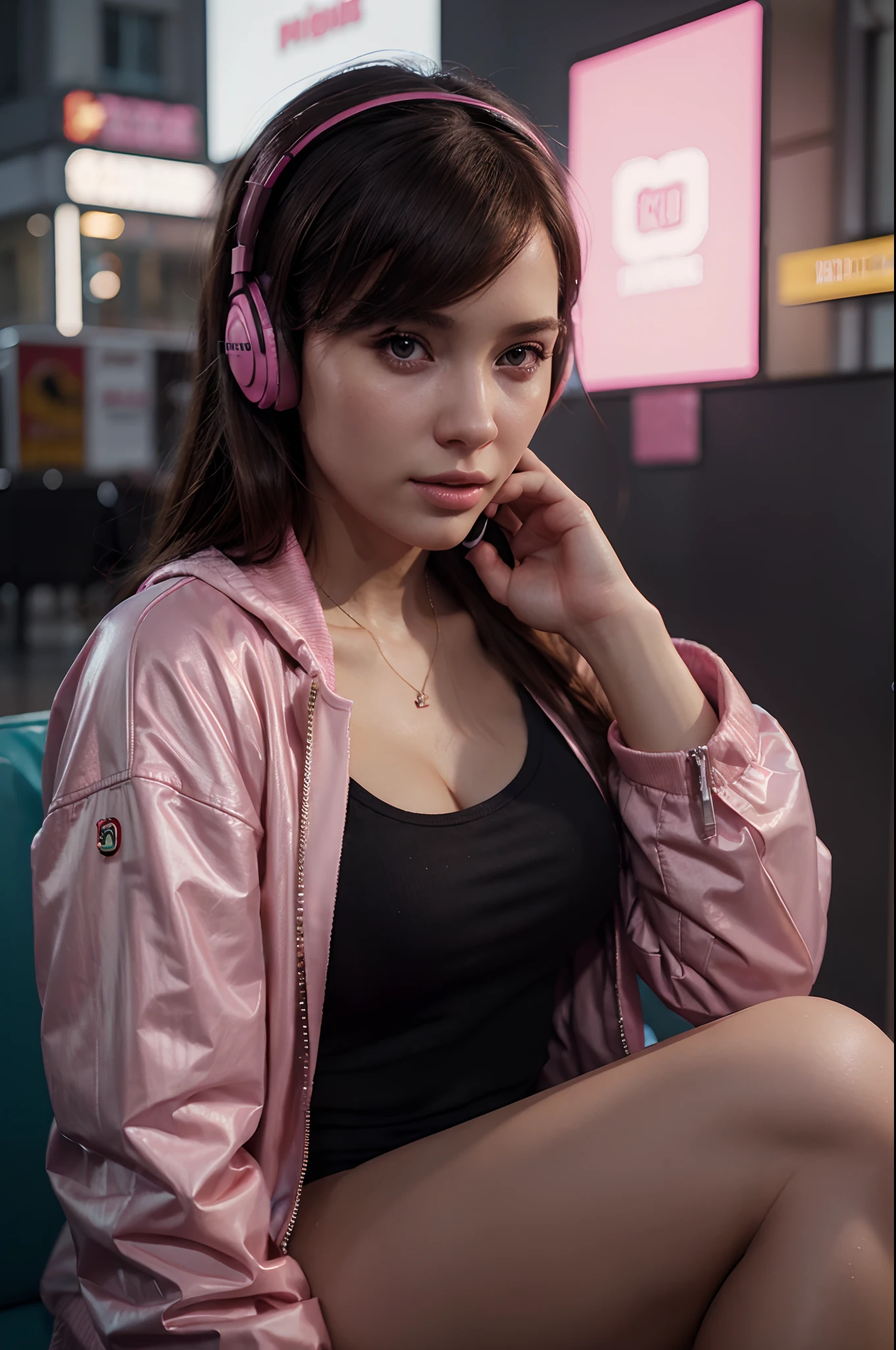 a woman wearing headphones and a pink jacket, a photorealistic painting by Alexander Kucharsky, cgsociety, photorealism, ilya kuvshinov, daz3d, photorealistic