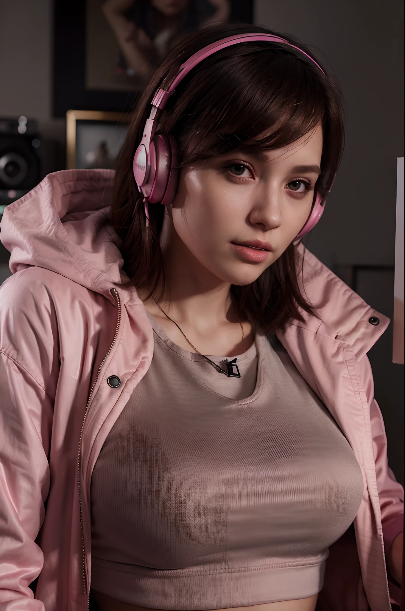 a woman wearing headphones and a pink jacket, a photorealistic painting by Alexander Kucharsky, cgsociety, photorealism, ilya kuvshinov, daz3d, photorealistic