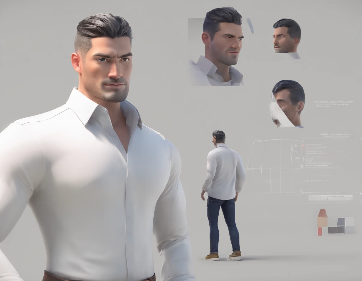 white shirt man Head Animated Character, character style sheet,