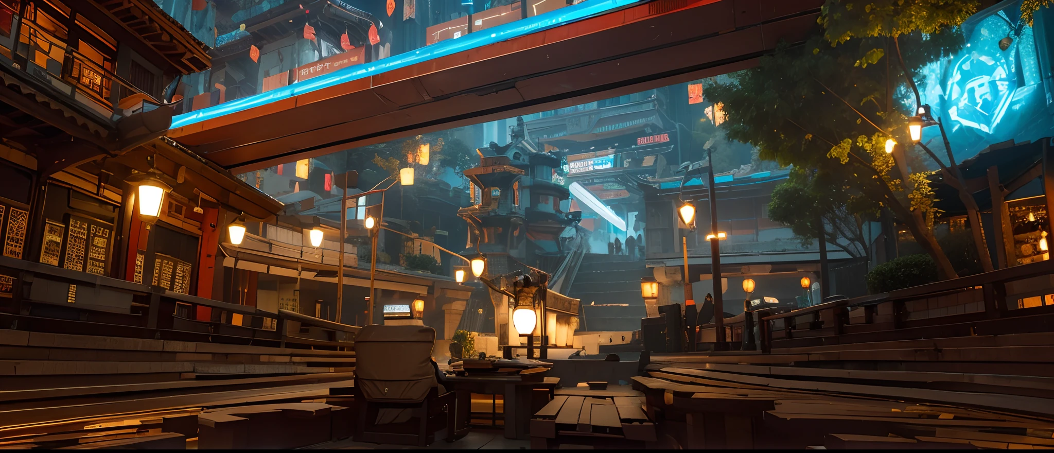 A combination of cyberpunk and antiquity,Use cyberpunk lighting effects,Plus more lighting effects