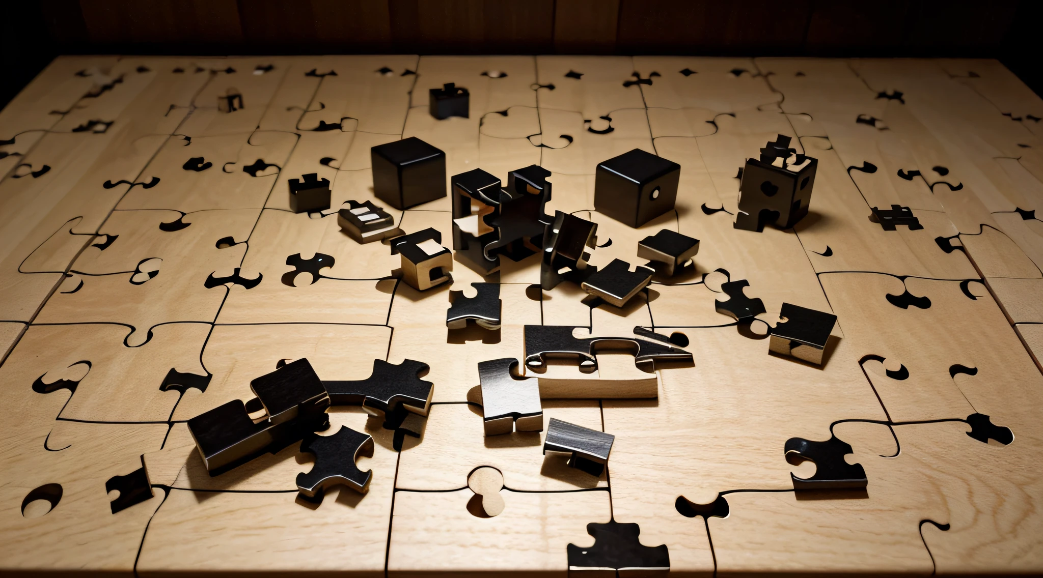 Abstract Puzzle: An enigmatic image of an incomplete jigsaw puzzle, with pieces scattered, indicating a complex task. Some pieces could be connected, representing the breakdown of the task into smaller, manageable components.