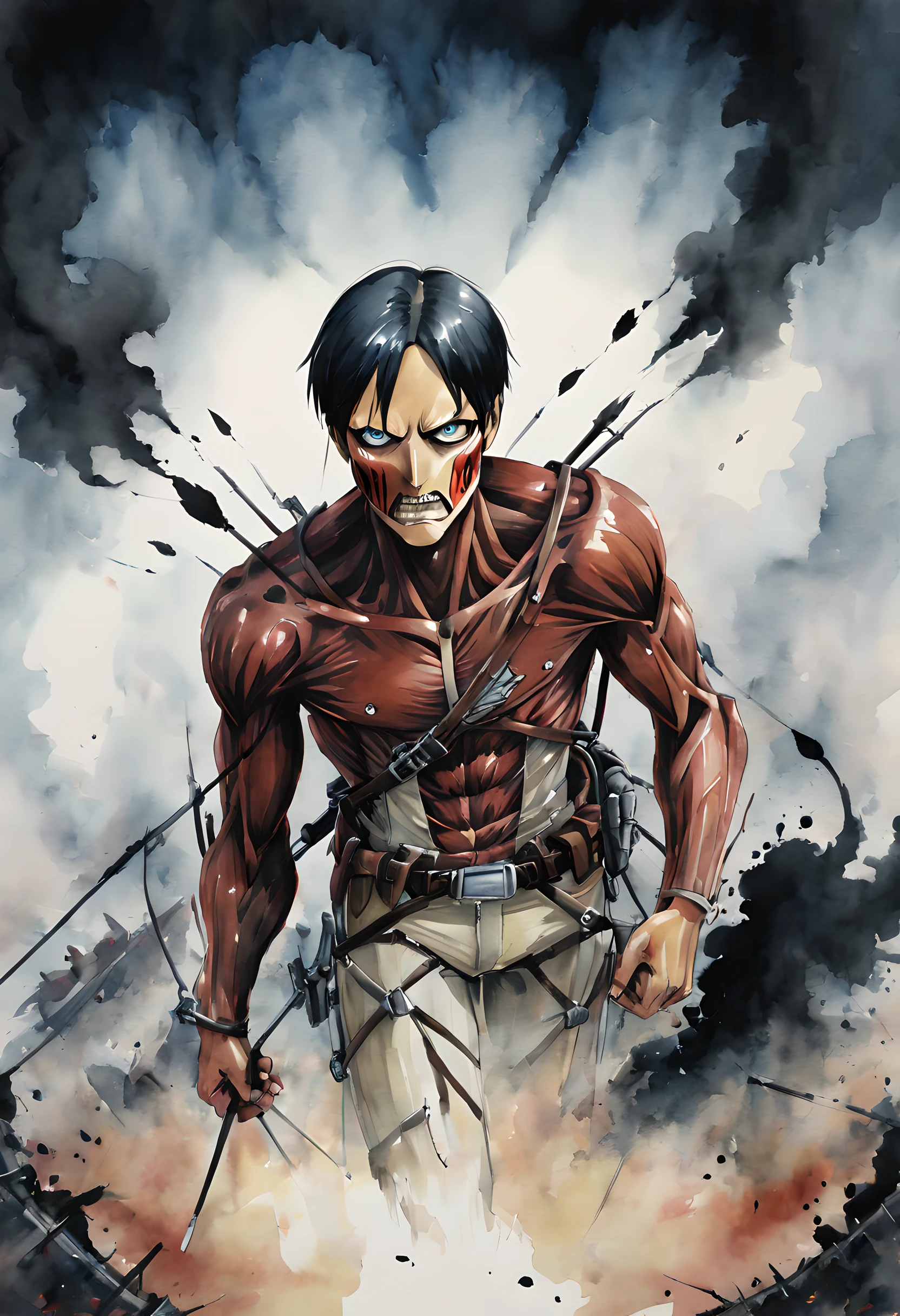 (Attack on Titan:1.5), (ink and watercolor painting:1.5), (Tasteful:1.5), (ink and watercolor painting:1.5), (full color:1.5), 8k, 4k, (magic:1.5), (dripping paint;1.5), dynamic,