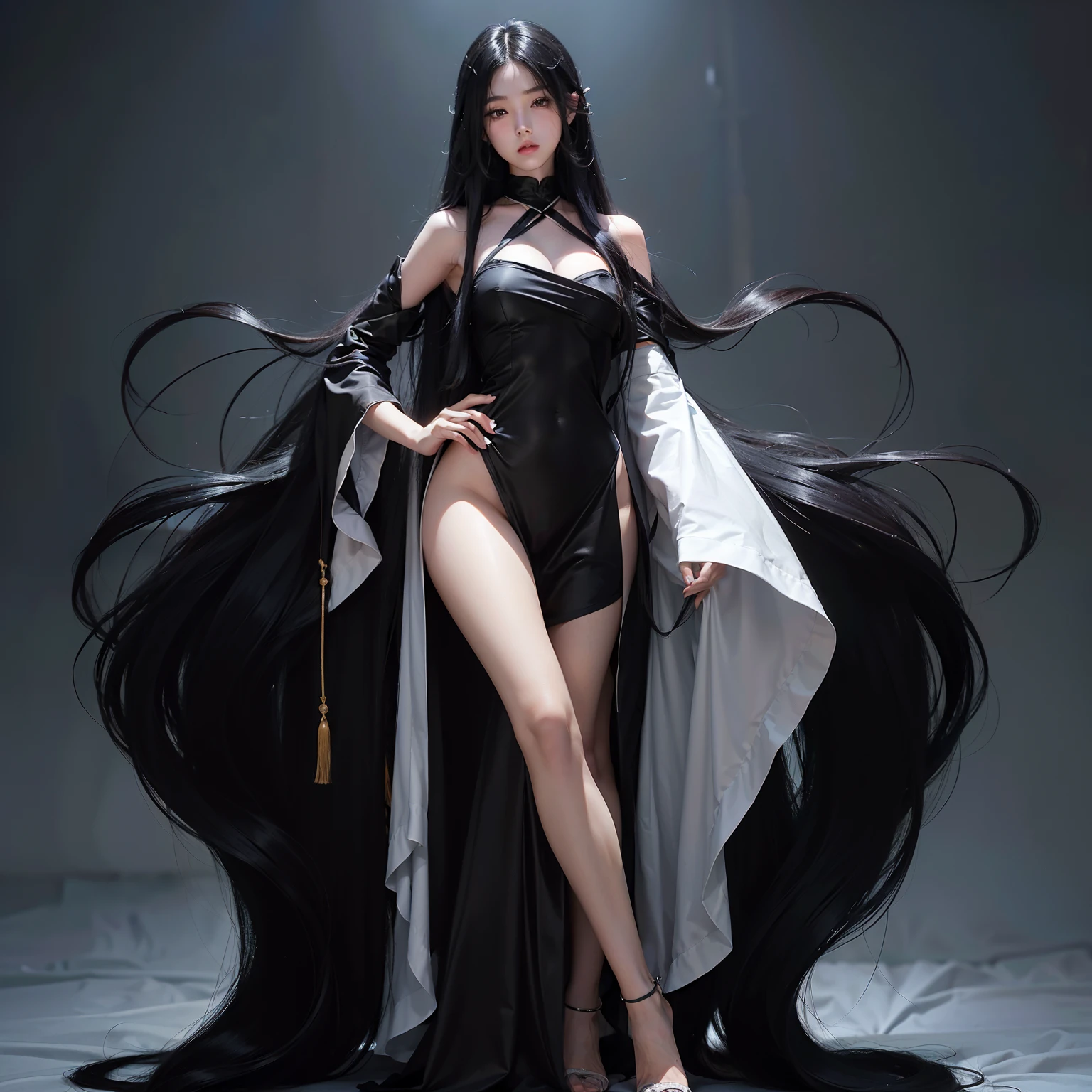 1 girl, long raven-black hair cascades down her back in soft waves, the silky strands framing her delicate features. Her piercing amethyst eyes, rimmed with dark kohl, gaze up at viewer with a sultry intensity, brimming with a twisted hunger.
white dress with long sleeves and long skirts she wears clings to her curvaceous form, the dress rides up slightly, revealing the pale, toned expanse of her thighs. Viewer can make out the faint outlines of scars and piercings adorning her most intimate areas, a testament to the depths of her depravity. Park background.