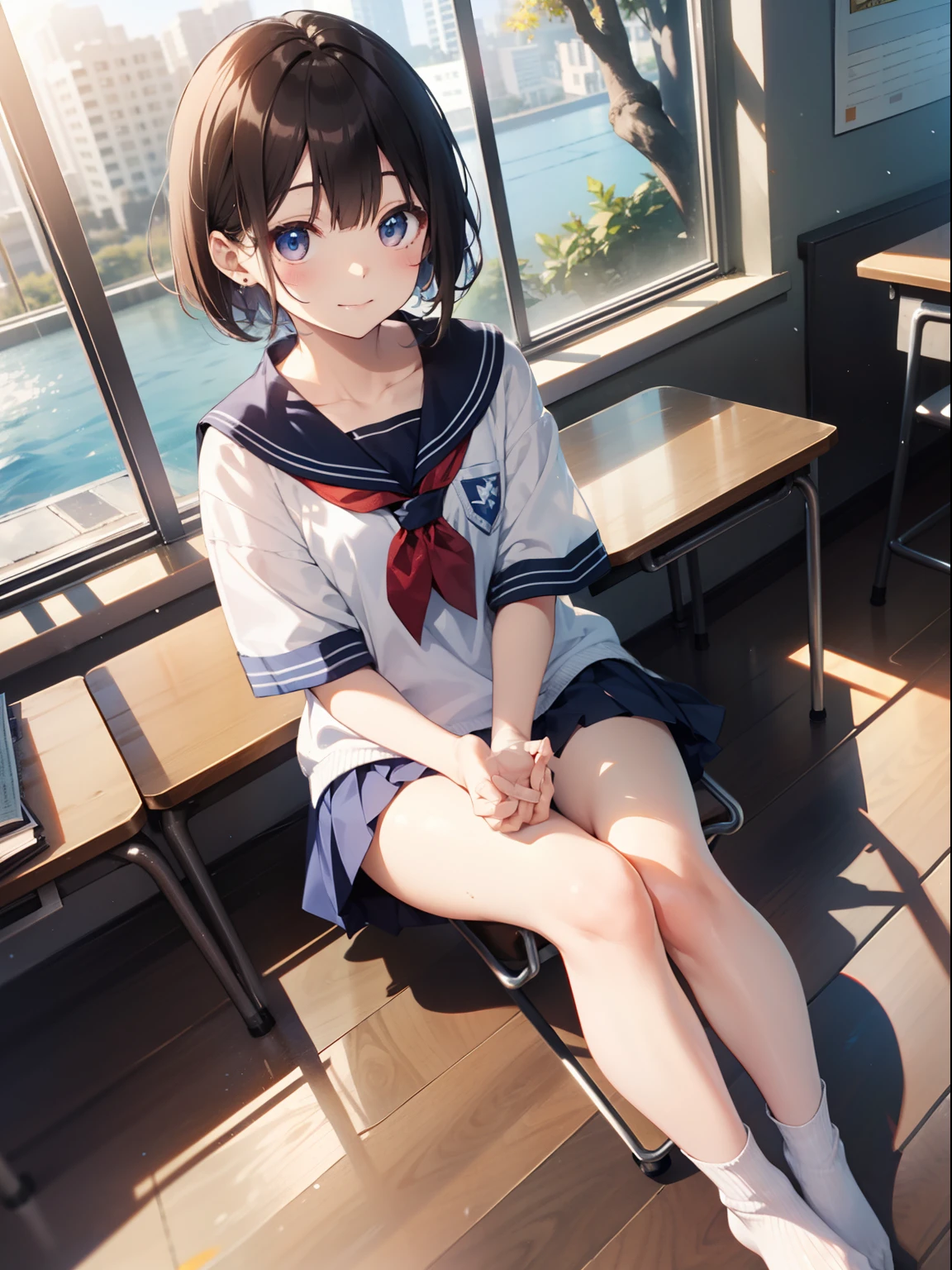 The ultra -The high-definition、high-level image quality、top-quality、Full feet and hands、complete fingers、hi-school girl、1 persons、ssmile、Bery short hair、Sukusui、School swim wear、knee high、‎Classroom