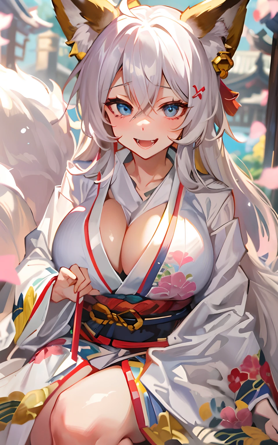 (Masterpiece: 1.5), (Best Quality: 1.5), Perfect Eyes, Perfect Face, Volumetric Lighting, 1 Woman, Mature Woman, (Whiteness: 5), fox ears, fox tail, enormous breasts, cleavage, sexy, thick thighs, kimono, smirk, fangs, naughty, temple,